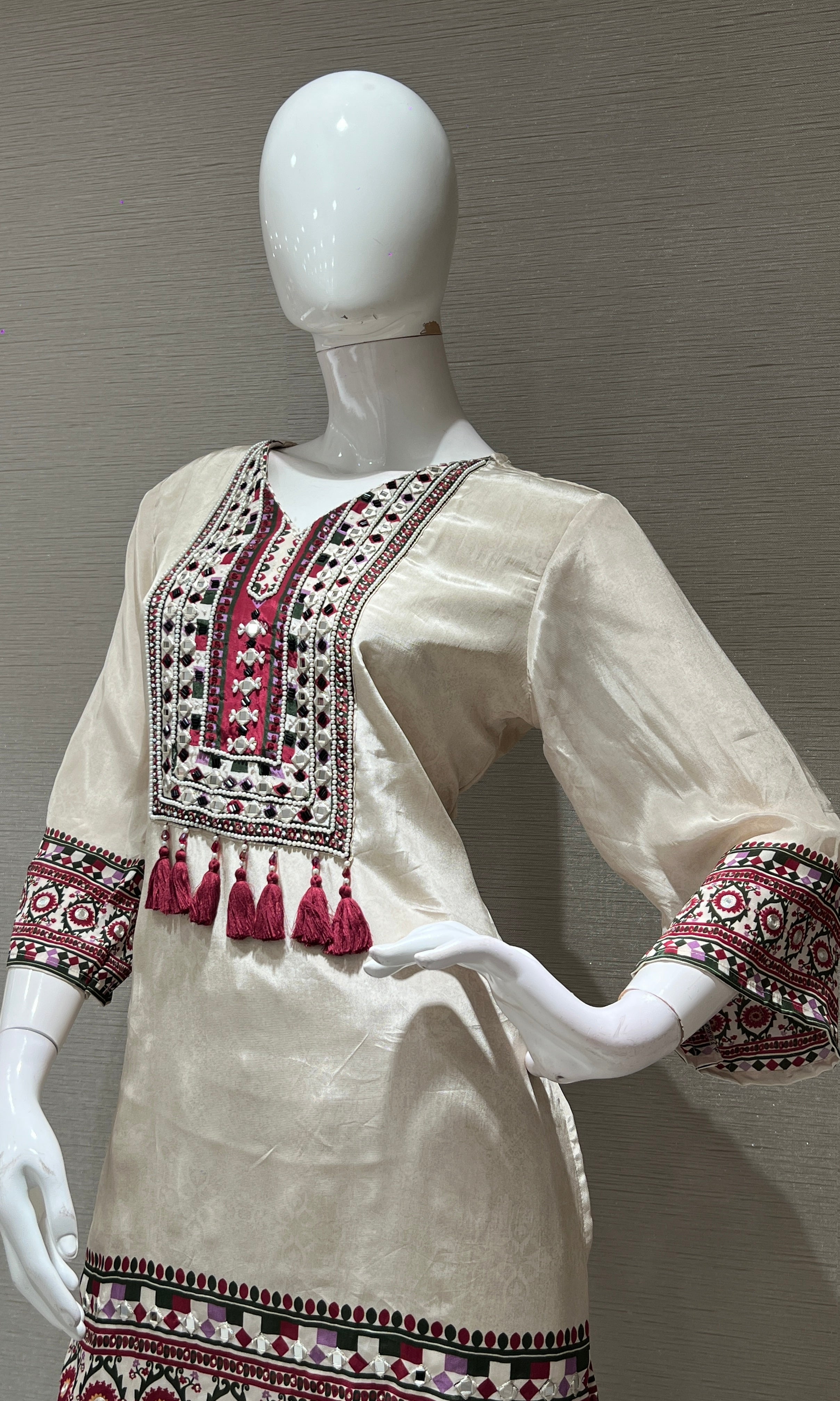 white and maroon printed kurta set with palazzo pants