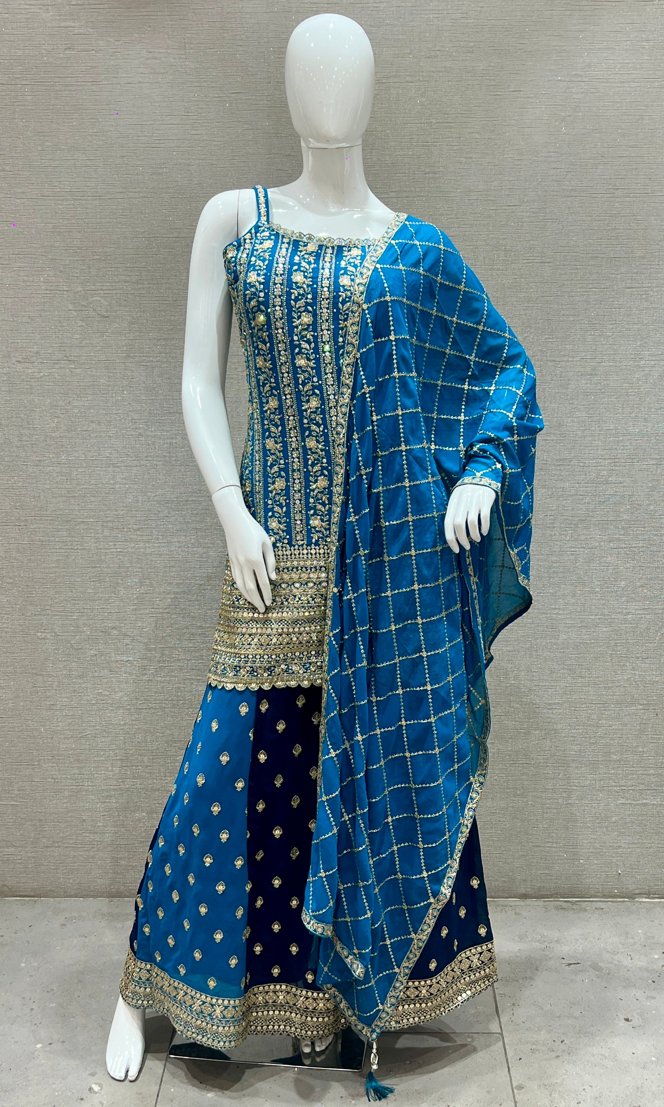 Blue Embroidered Sharara Set