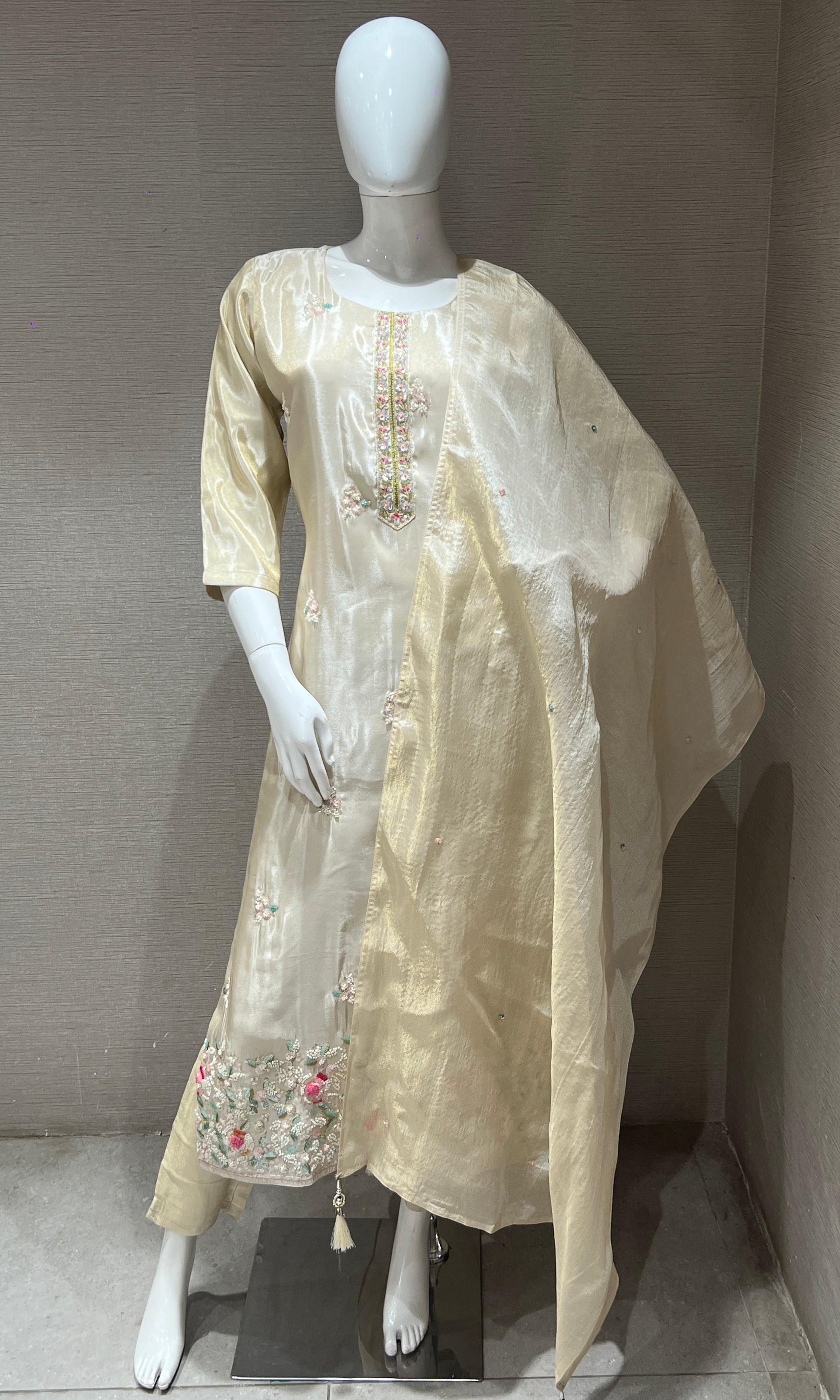 Cream shimmer silk kurta set