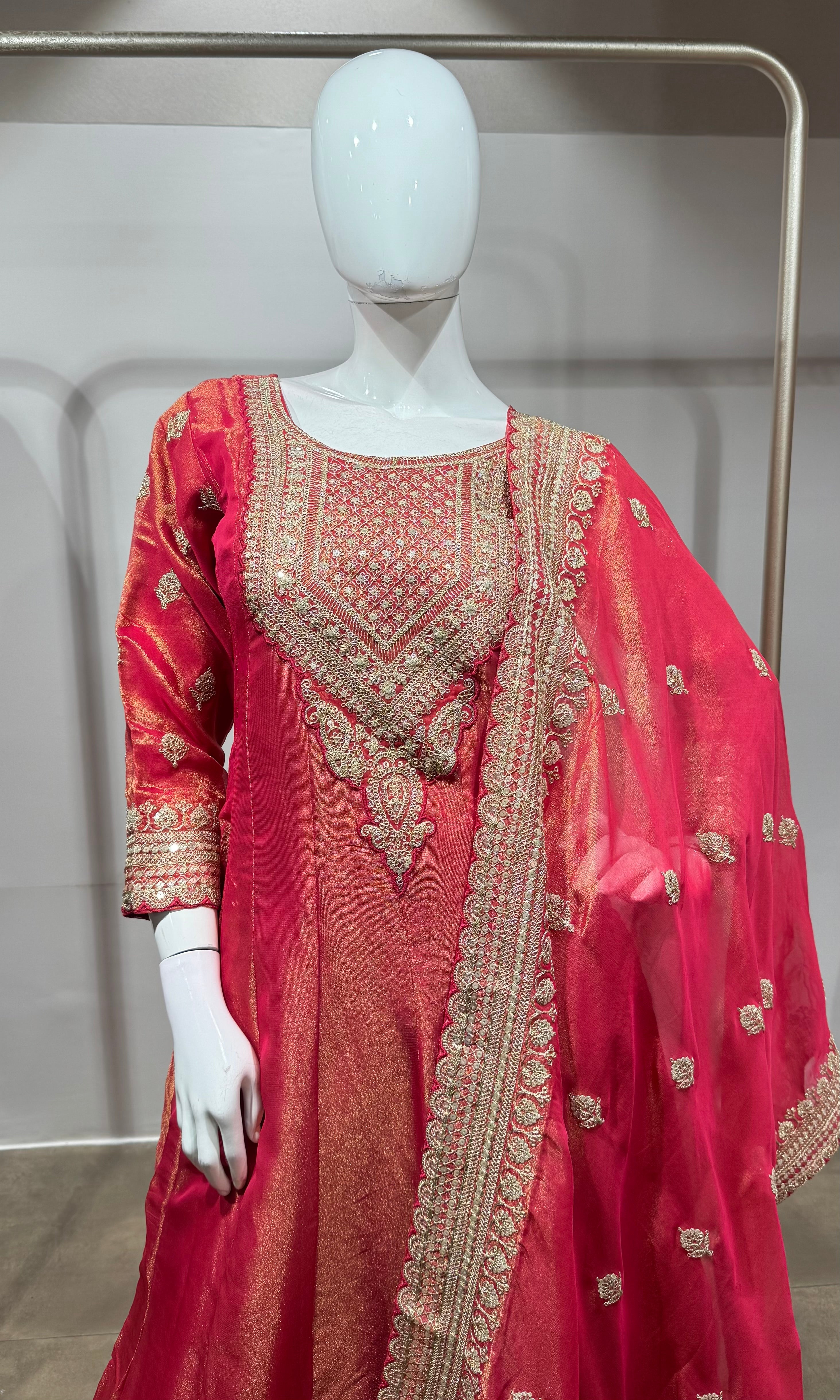 Pink Golden shimmer anarkali with palazzo pants