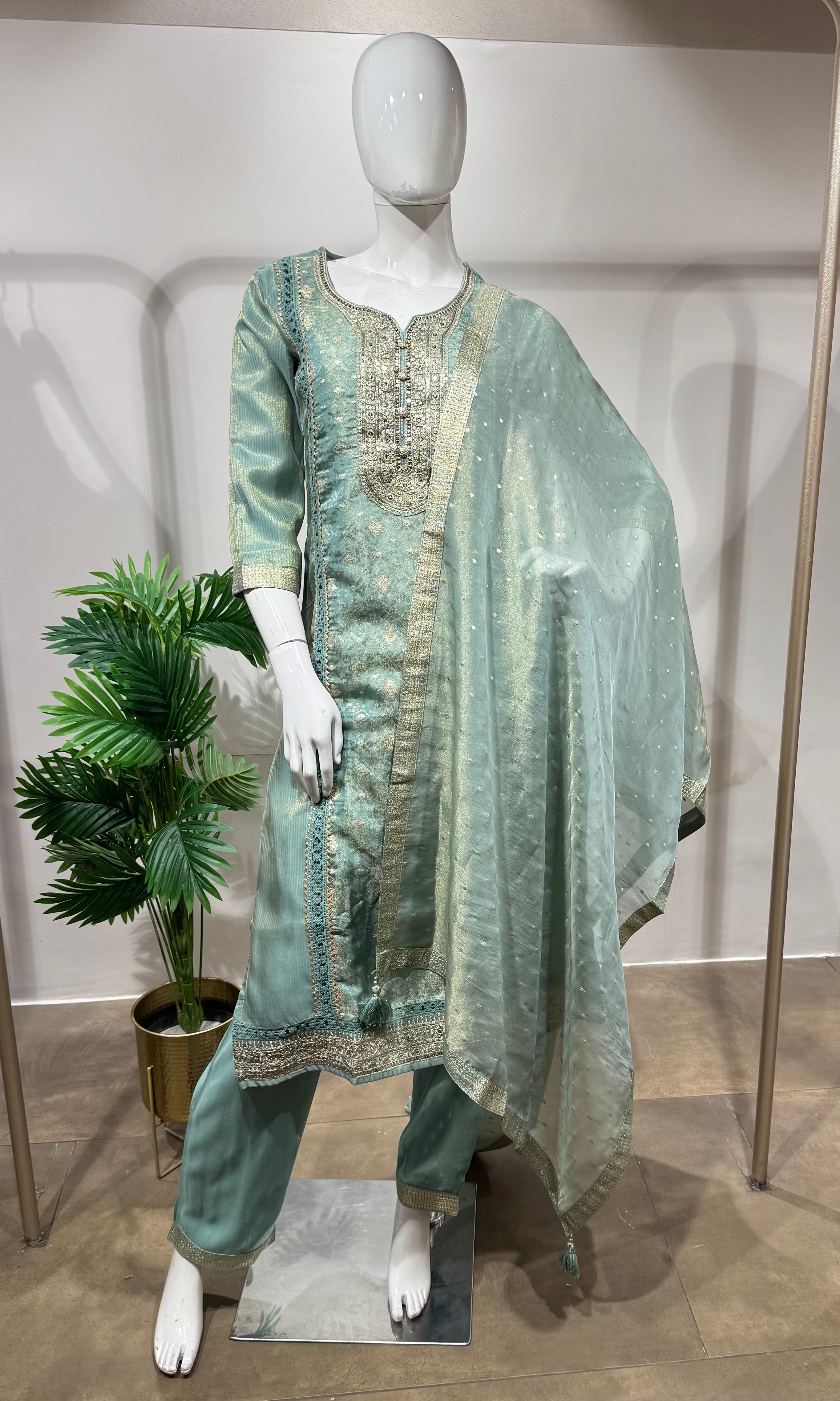 Pista green Embroidered Straight Kurta set