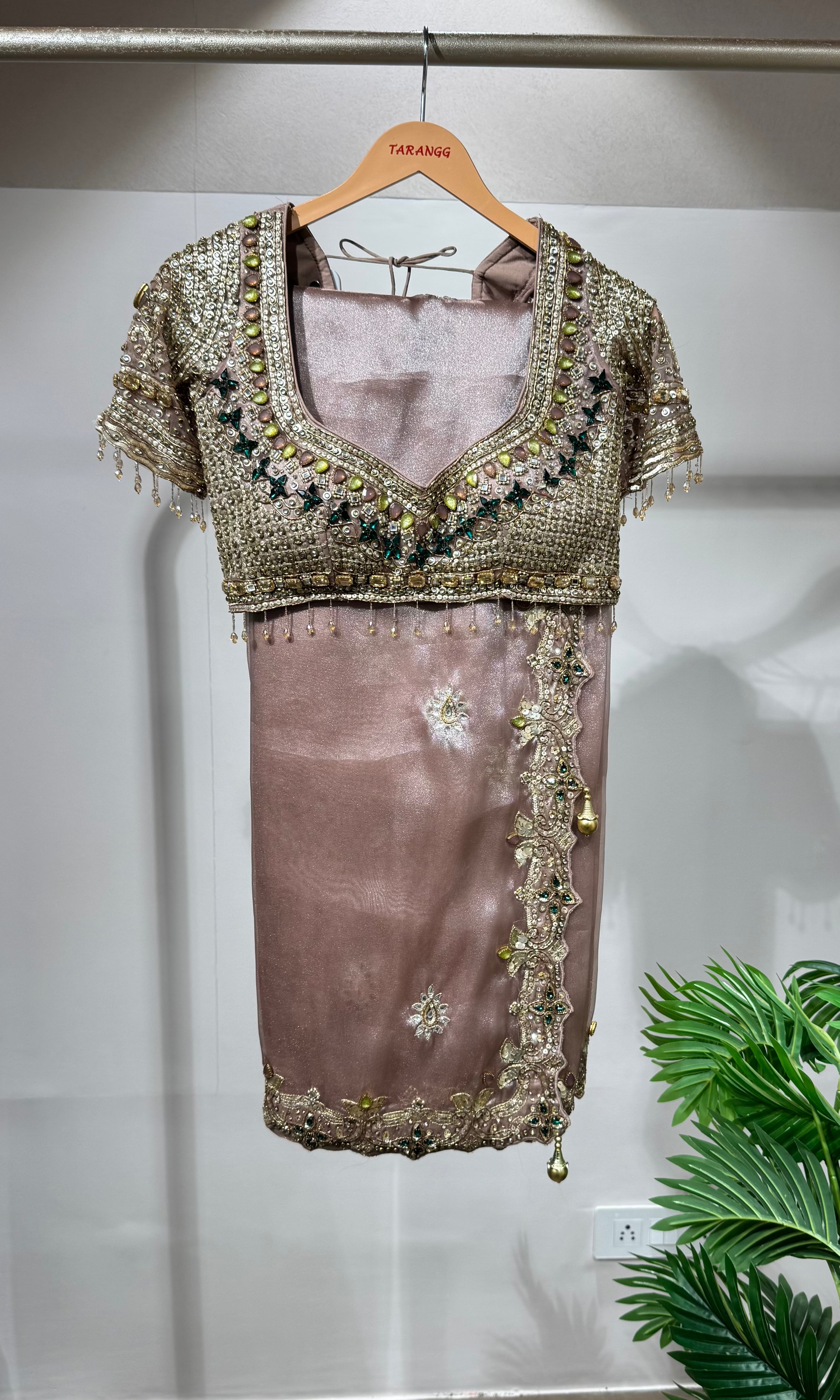 Onion pink Shimmer Saree with Multi-Stone Blouse