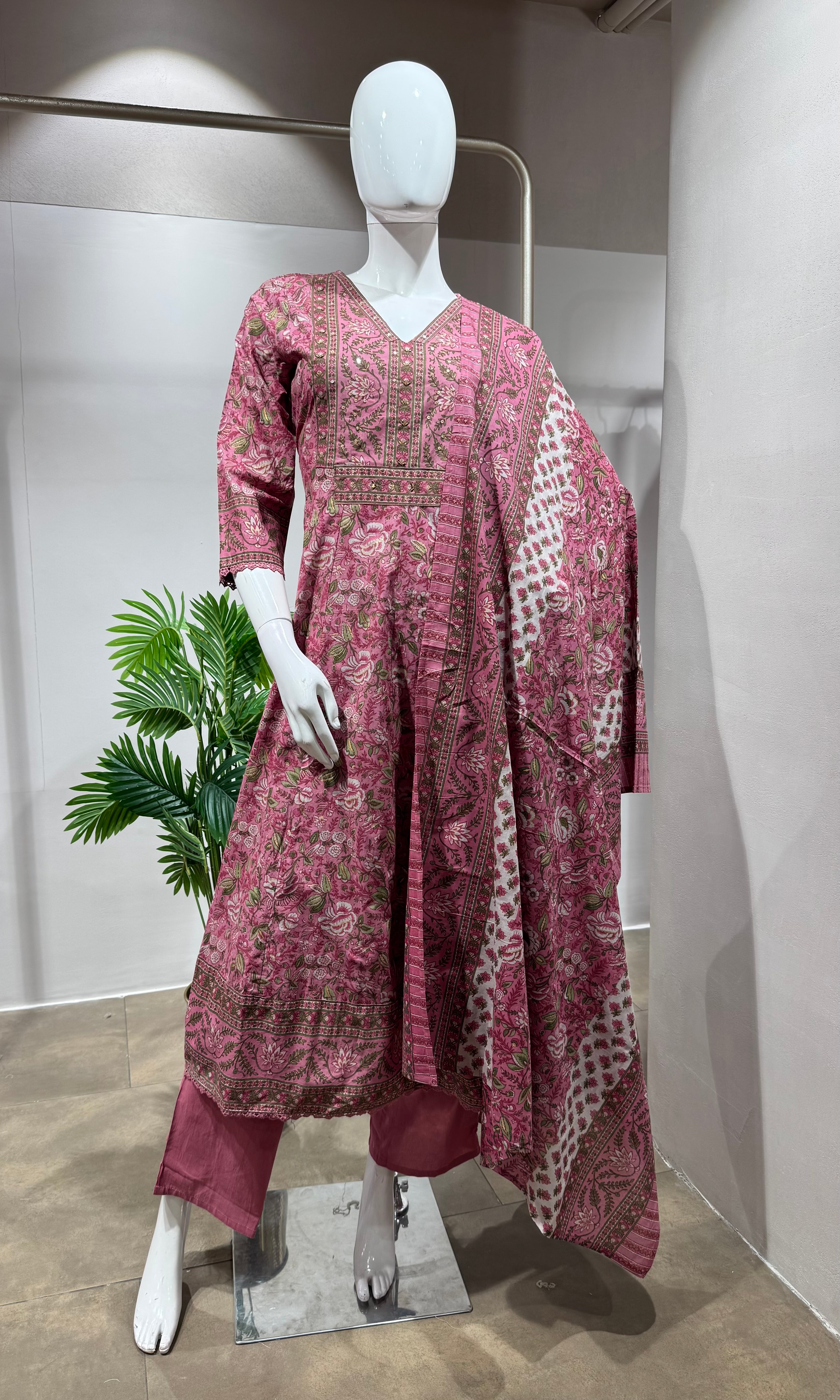 PINK Printed Pure Cotton Anarkali Kurta Set