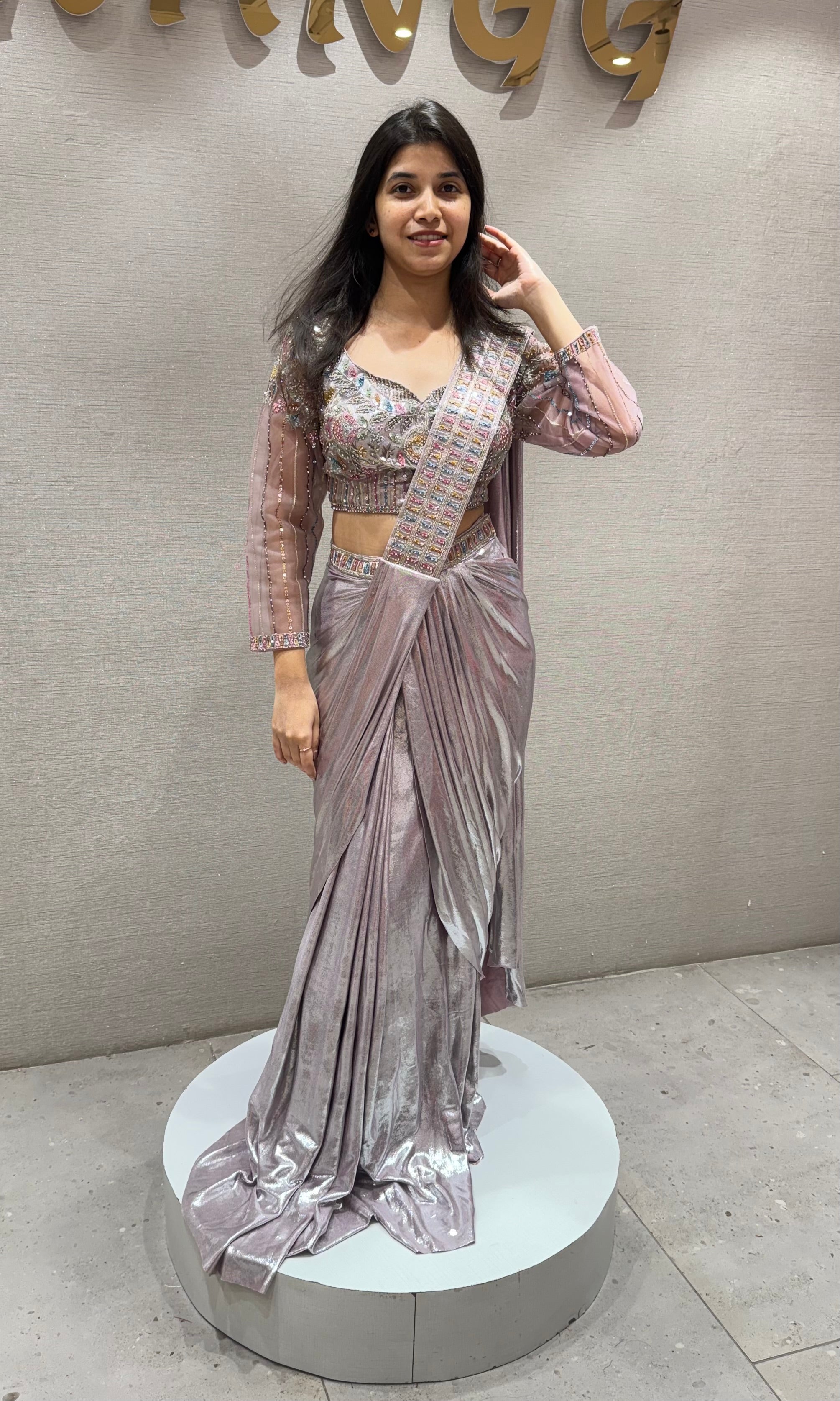 Peach Pre-Draped Metallic Shimmer Saree