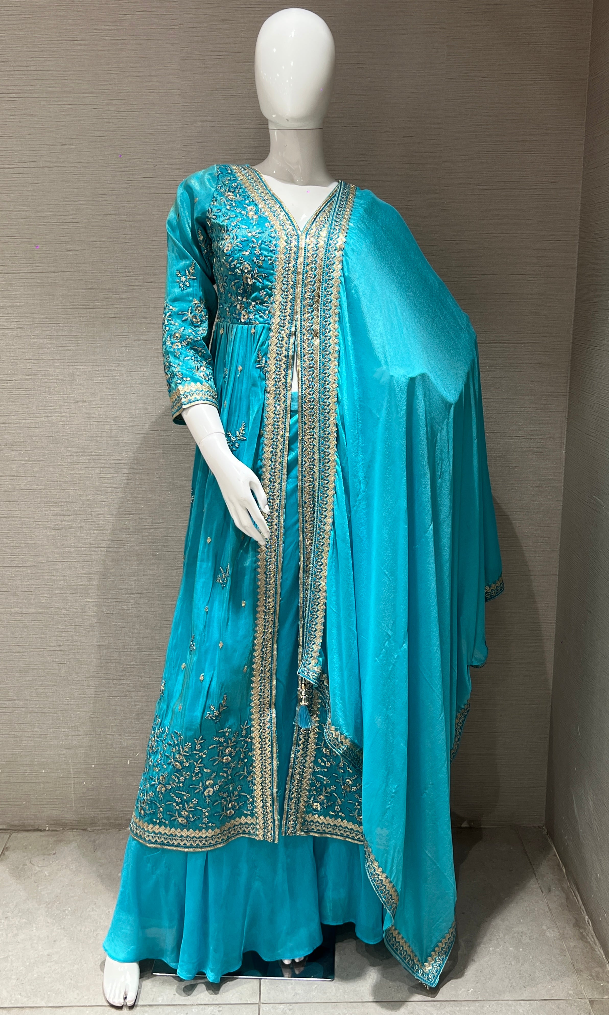 Sea Blue Front Slit Anarkali With Palazoo