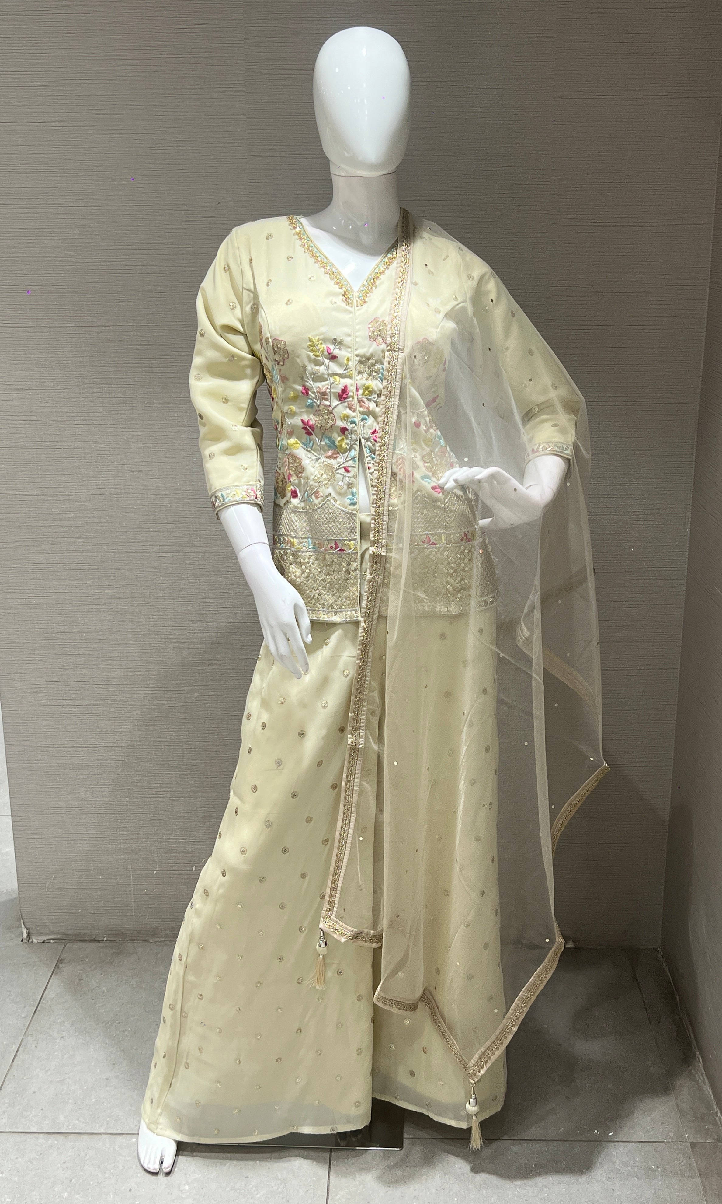 Off white Floral Embroidered Palazzo set