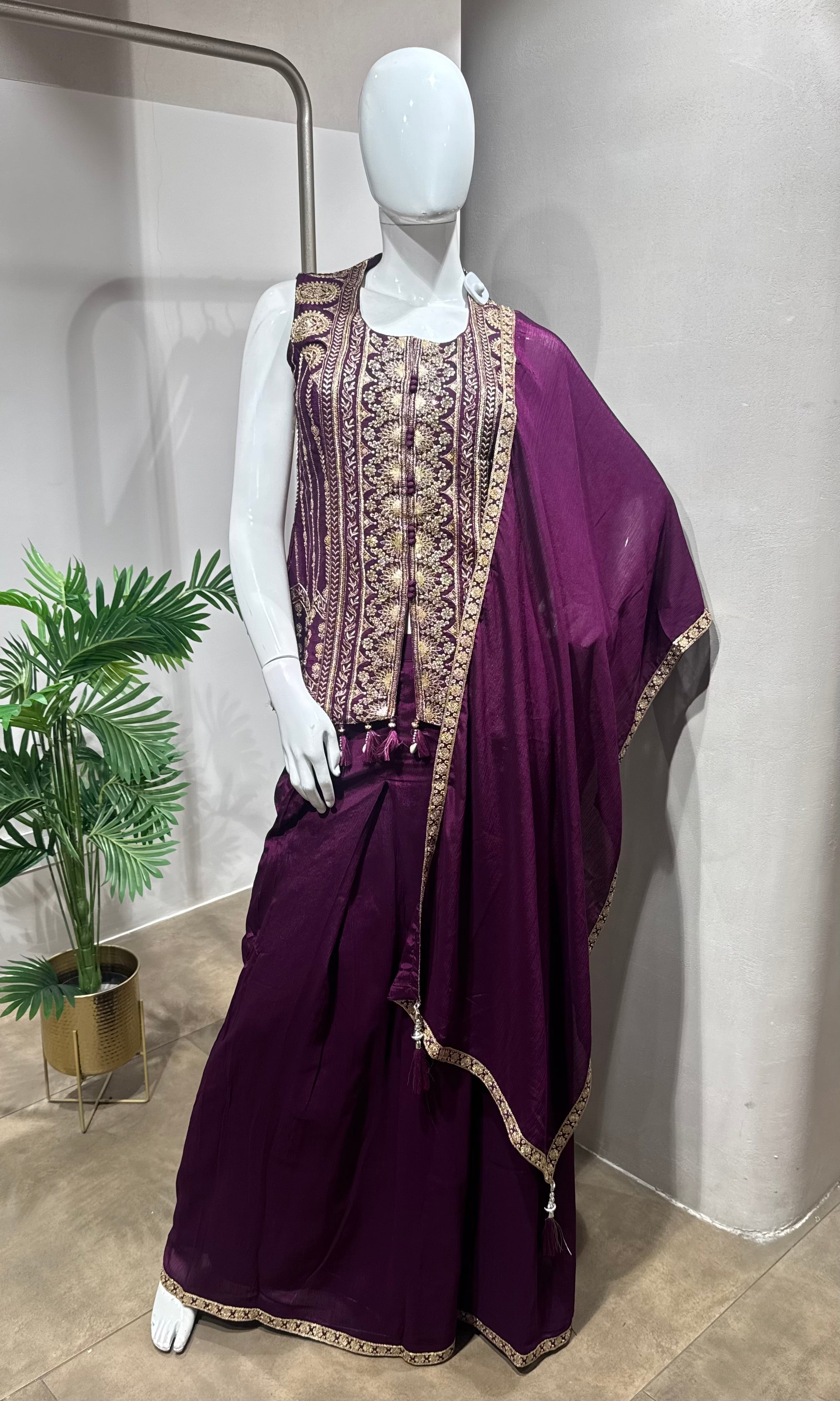 Wine Embroidered Indo-Western Palazzo set