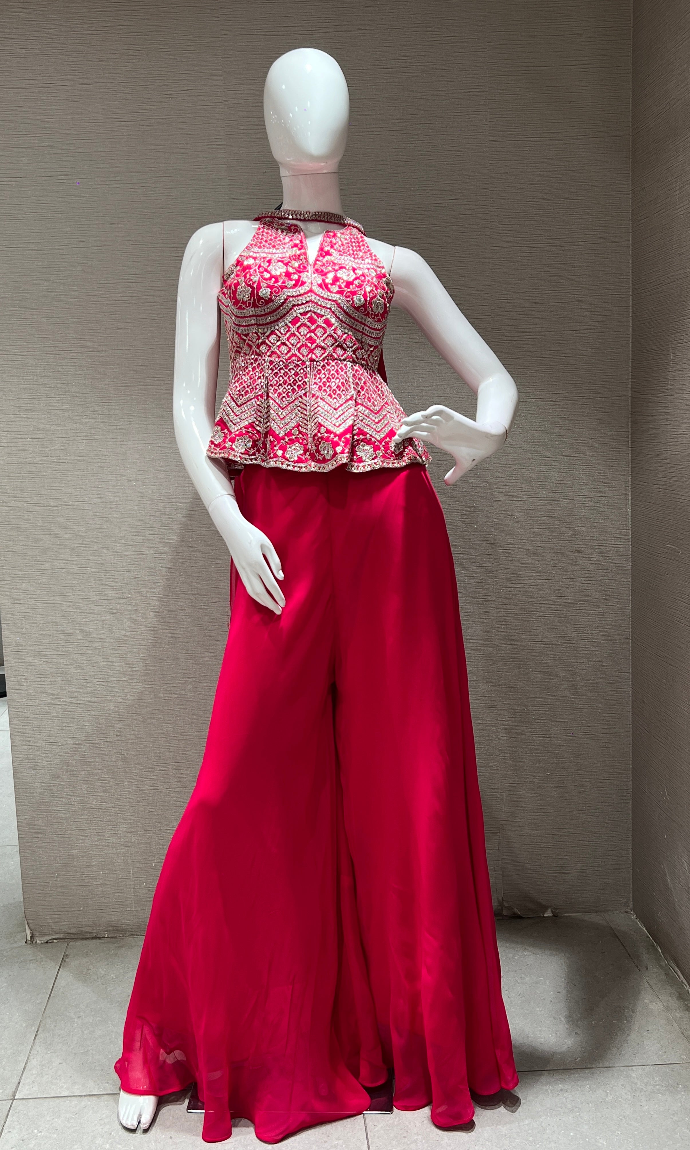Pink EMBROIDERED PEPLUM Palazzo set