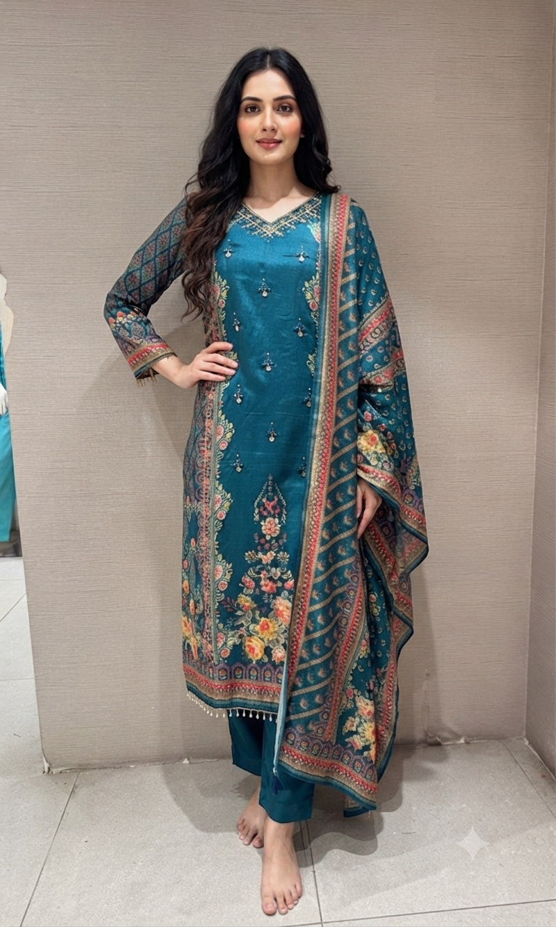 Sea green Embroidered Salwar Suit with Floral Dupatta