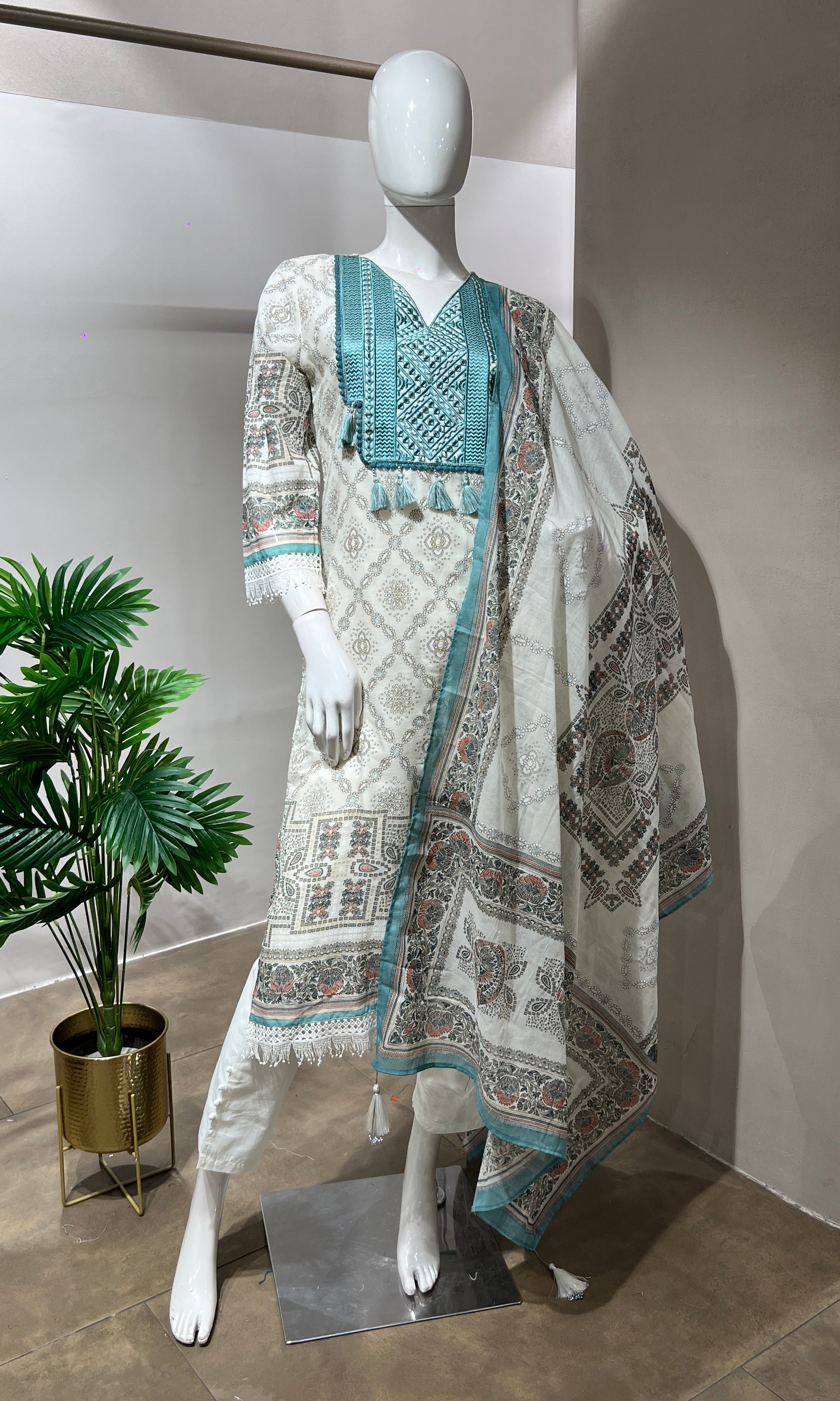 IVORY & BLUE COTTON KURTA SET