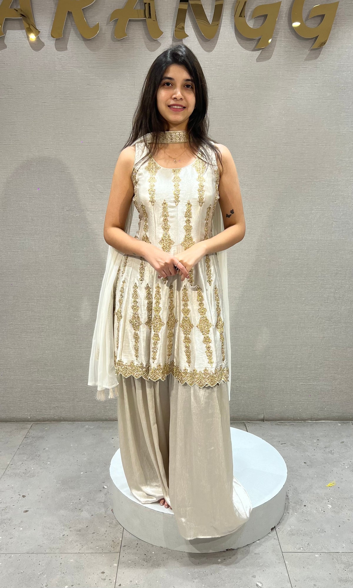 Cream and Gold Satin Embroidered Palazzo Set