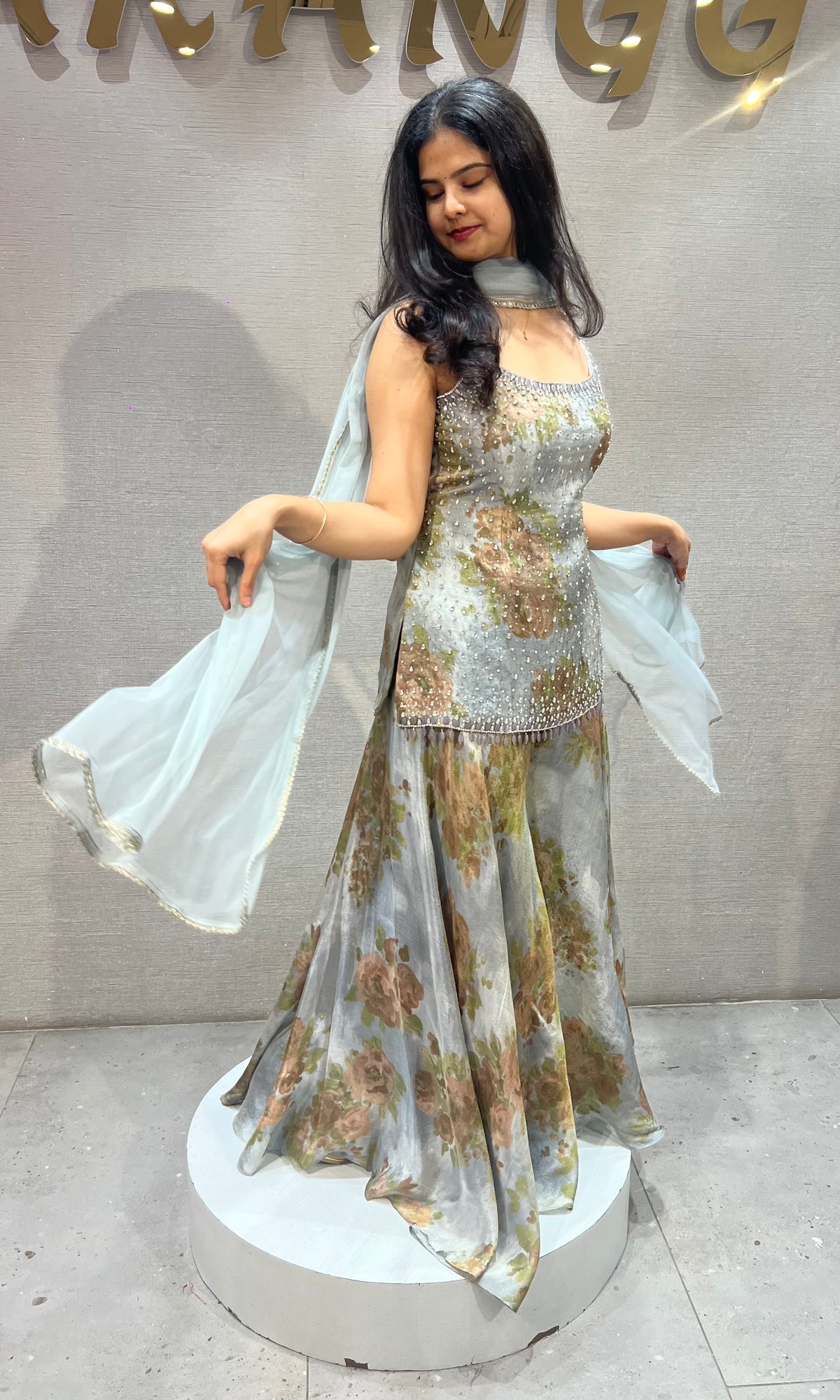 Light Blue silk Floral Printed Sharara set with Sheer Dupatta