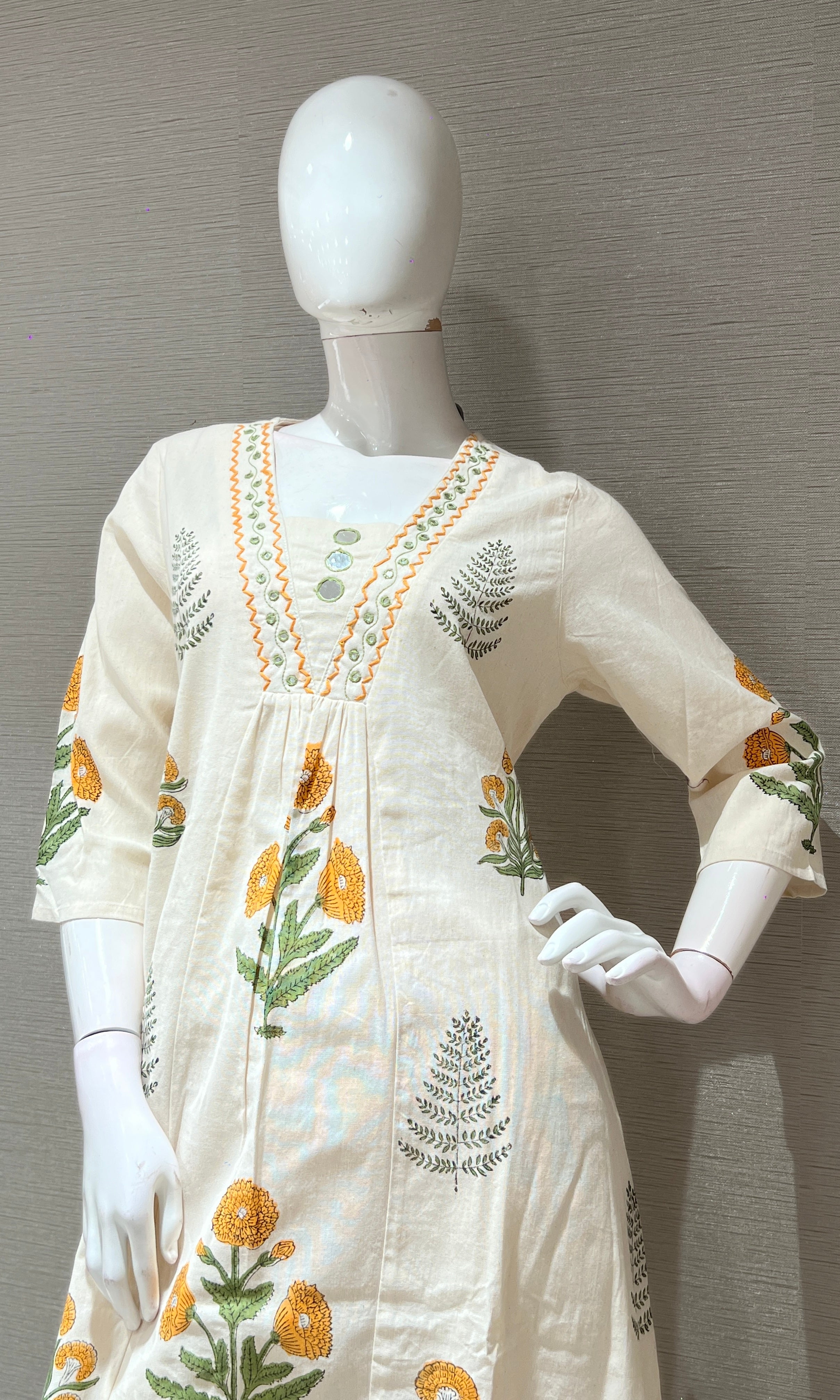 Yellow A LINE FLORAL KURTI WITH BOTTOM