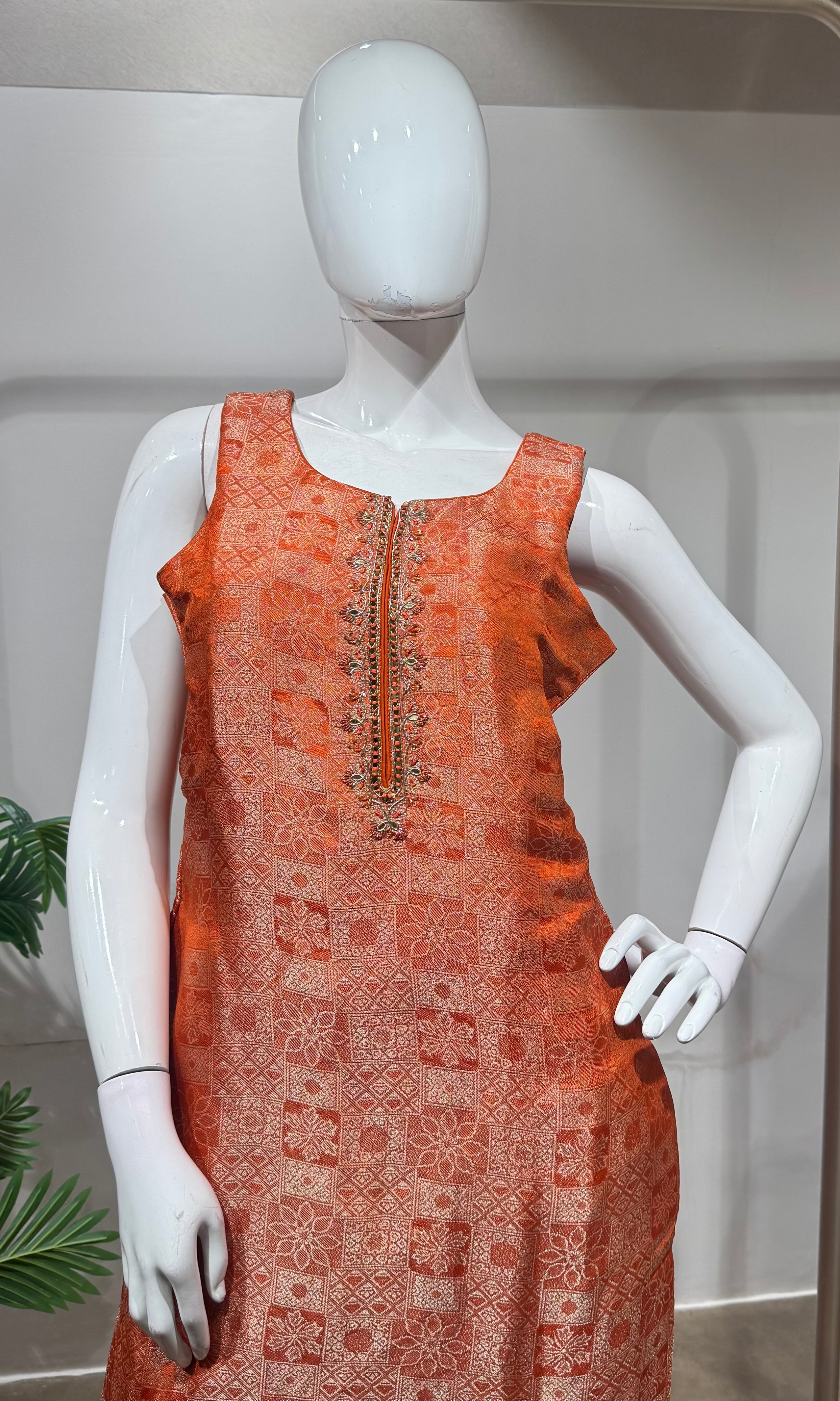 Orange banarasi silk kurta set