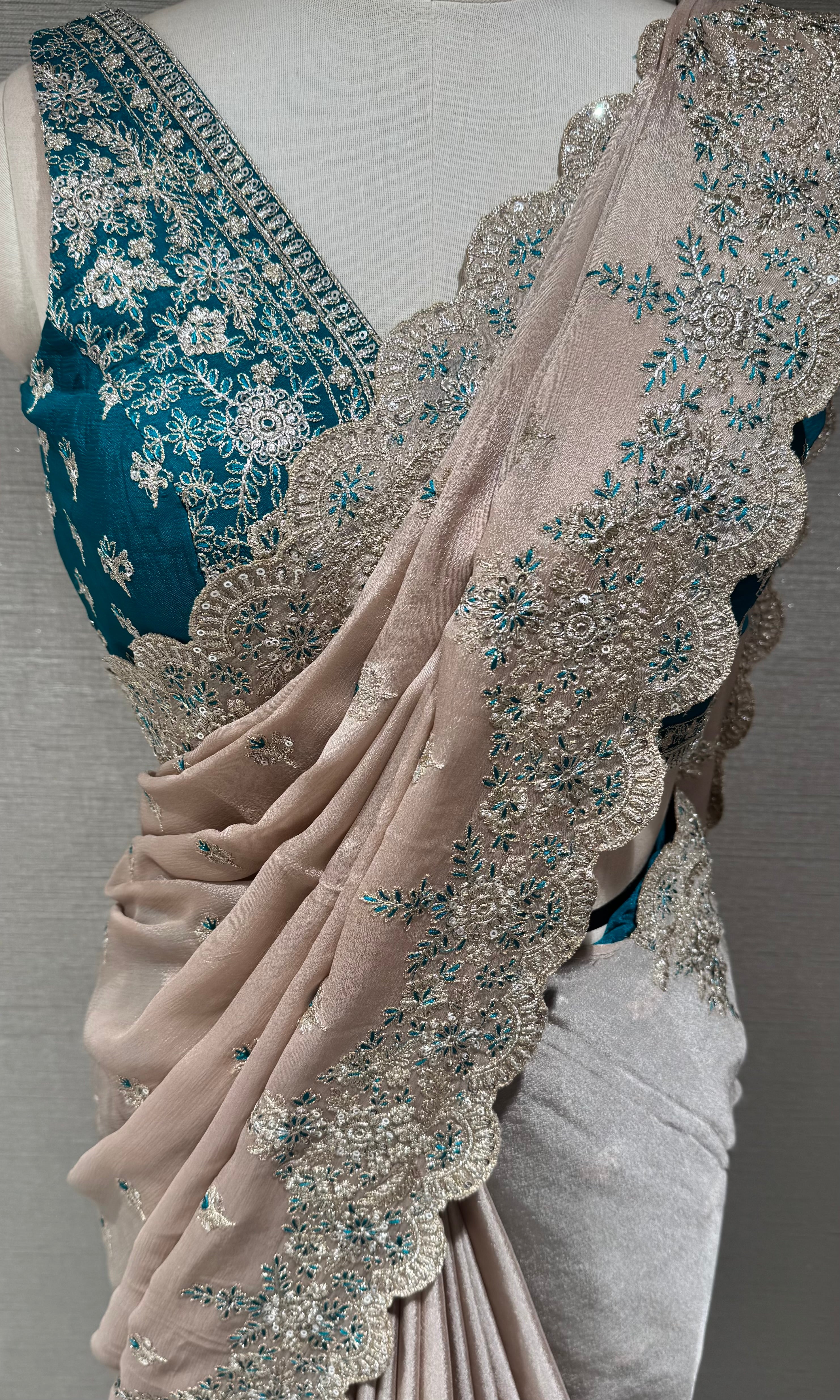 Champagne Silk Saree with Peacock Blue Blouse