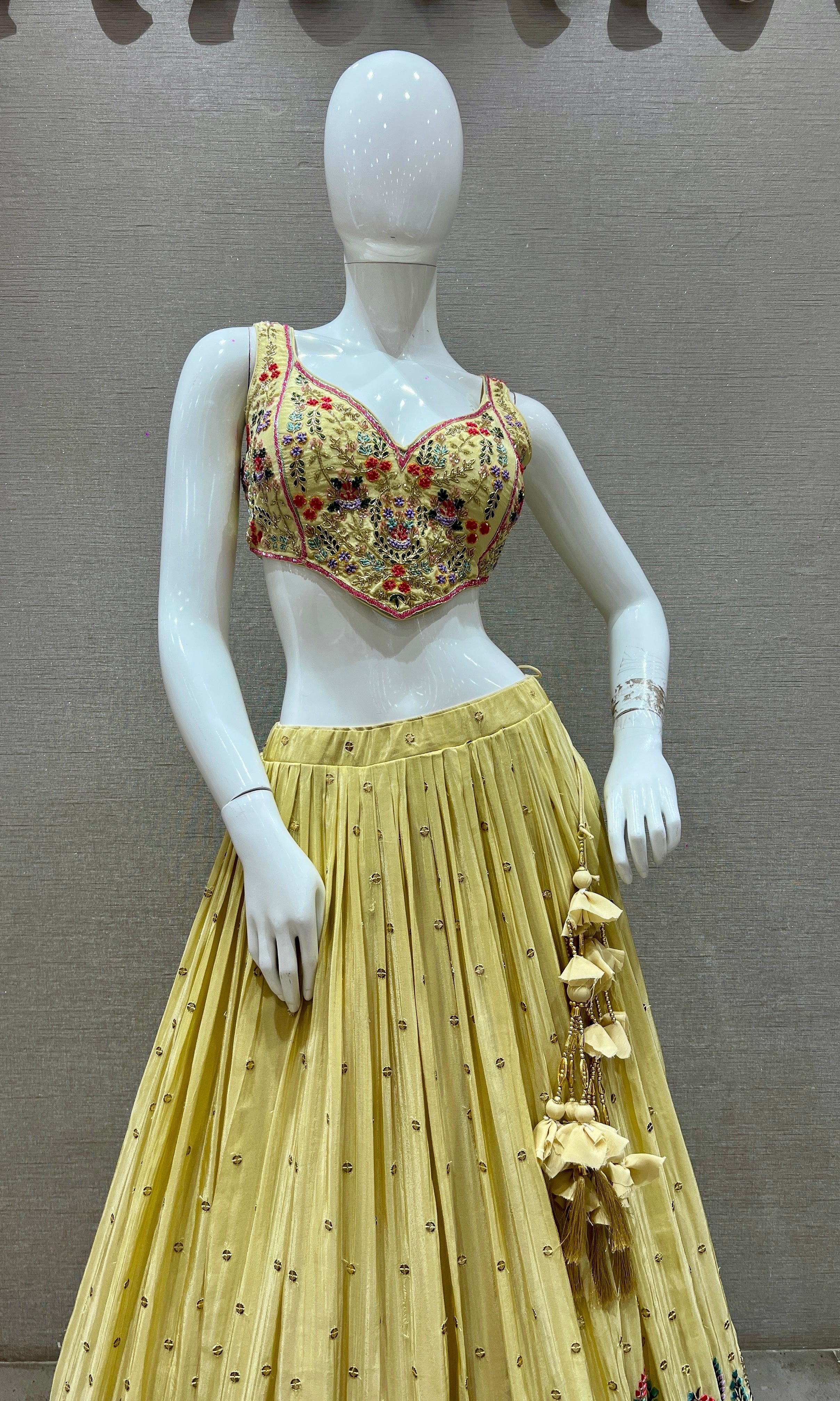 Pastel Butter Yellow Lehenga with Multicolor Floral Embroidery