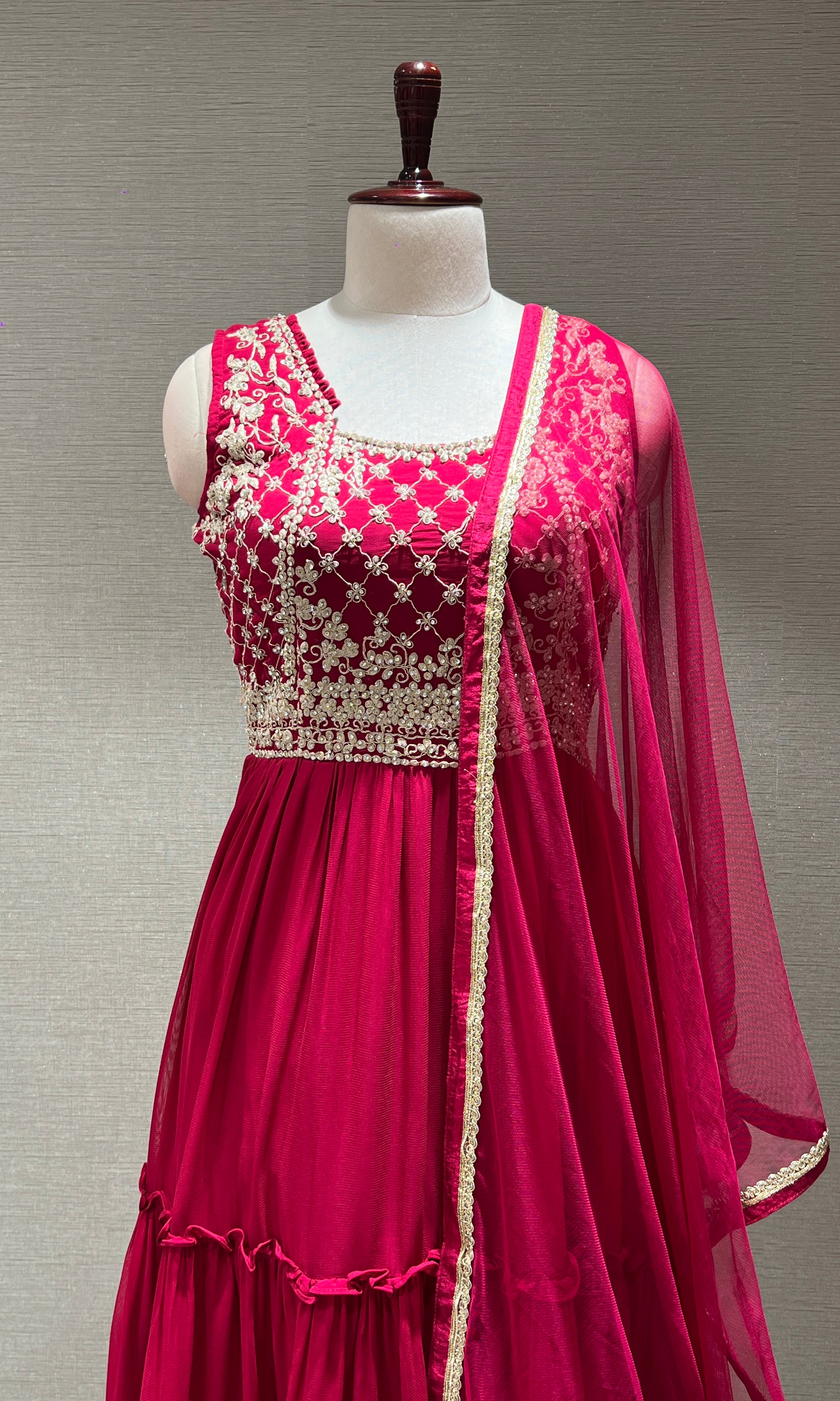 RANI PINK EMBROIDERED RUFFLE ANARKALI GOWN