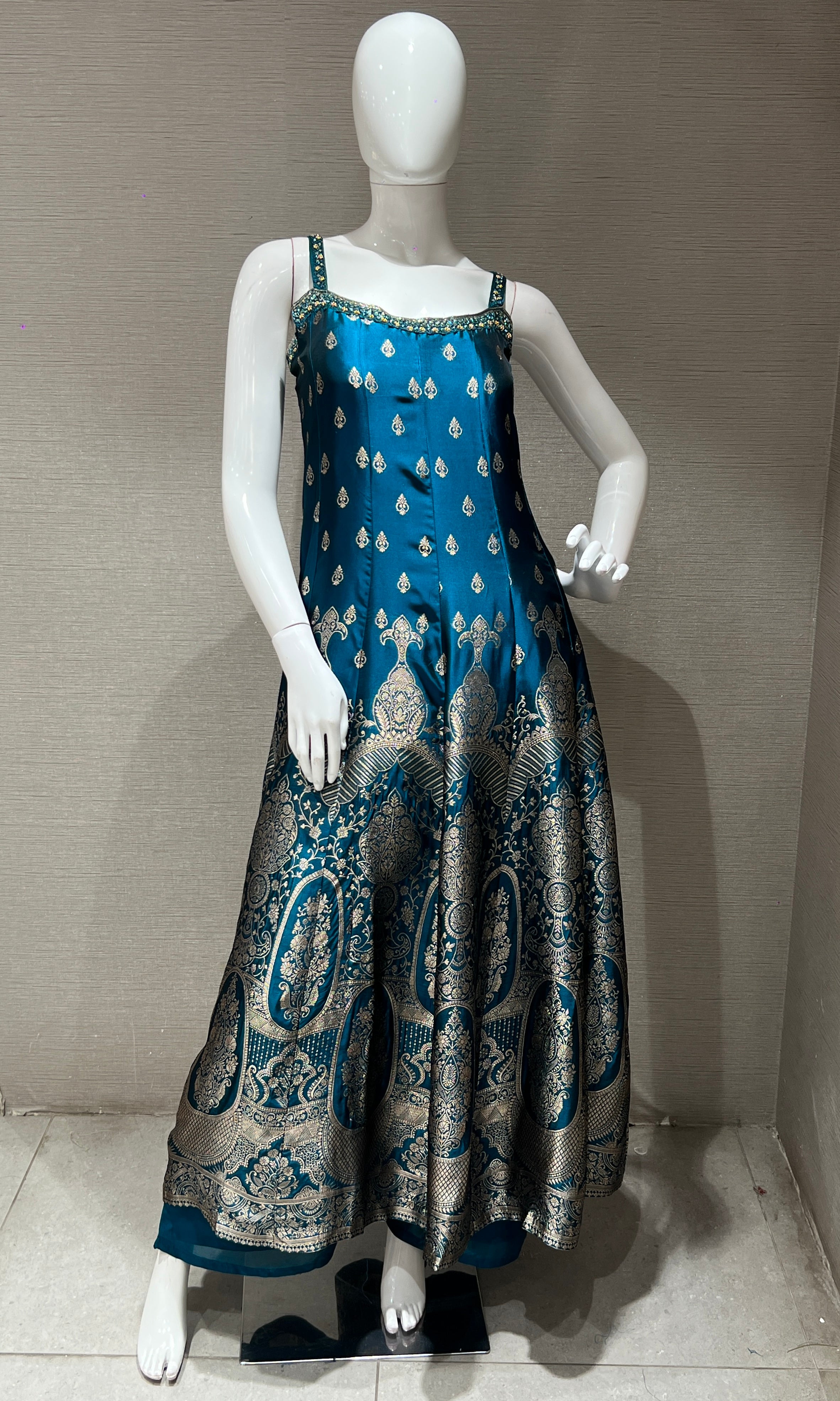 Rama Blue Anarkali with Gold Print embroidery