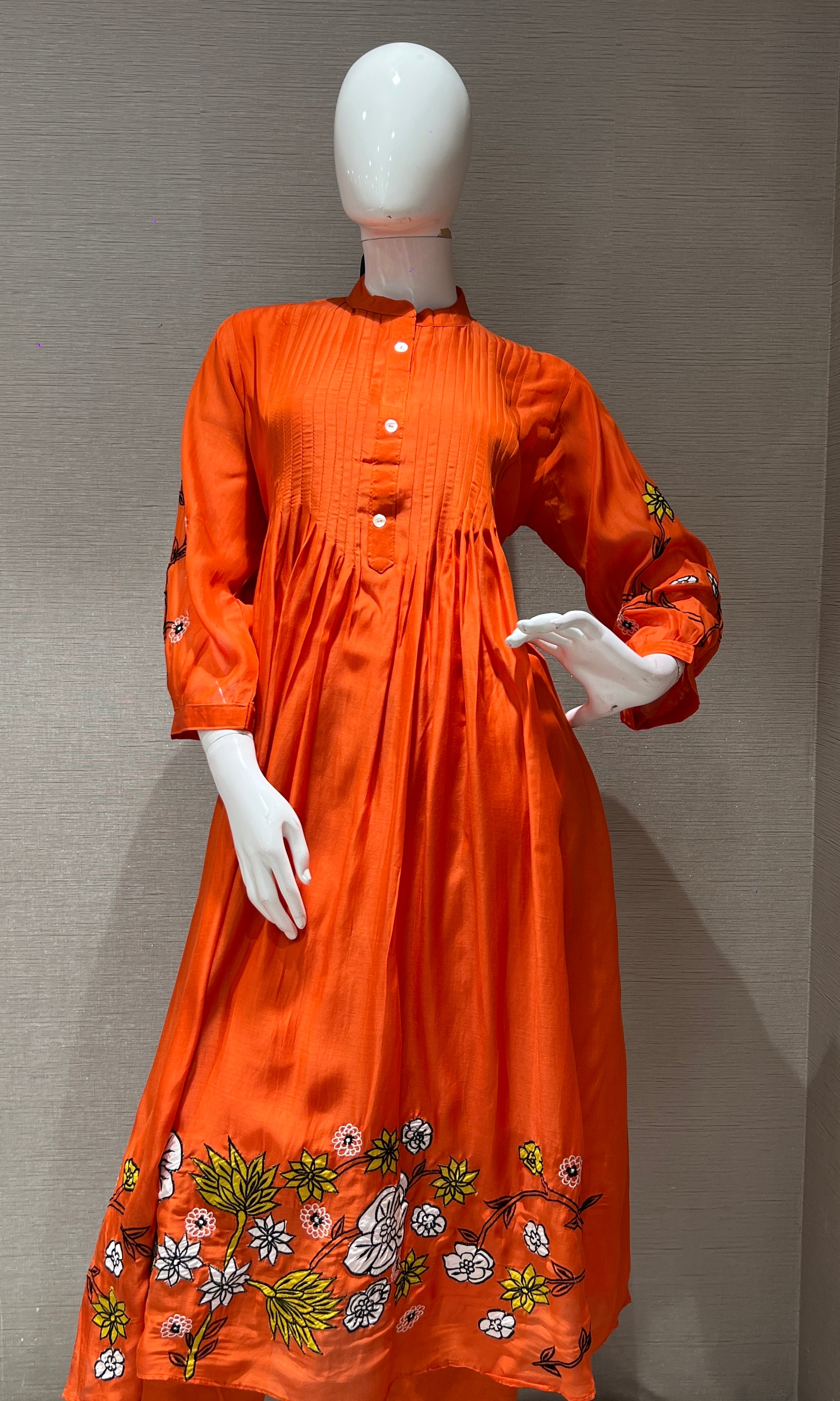 Orange floral embroidery mul chanderi kurta set