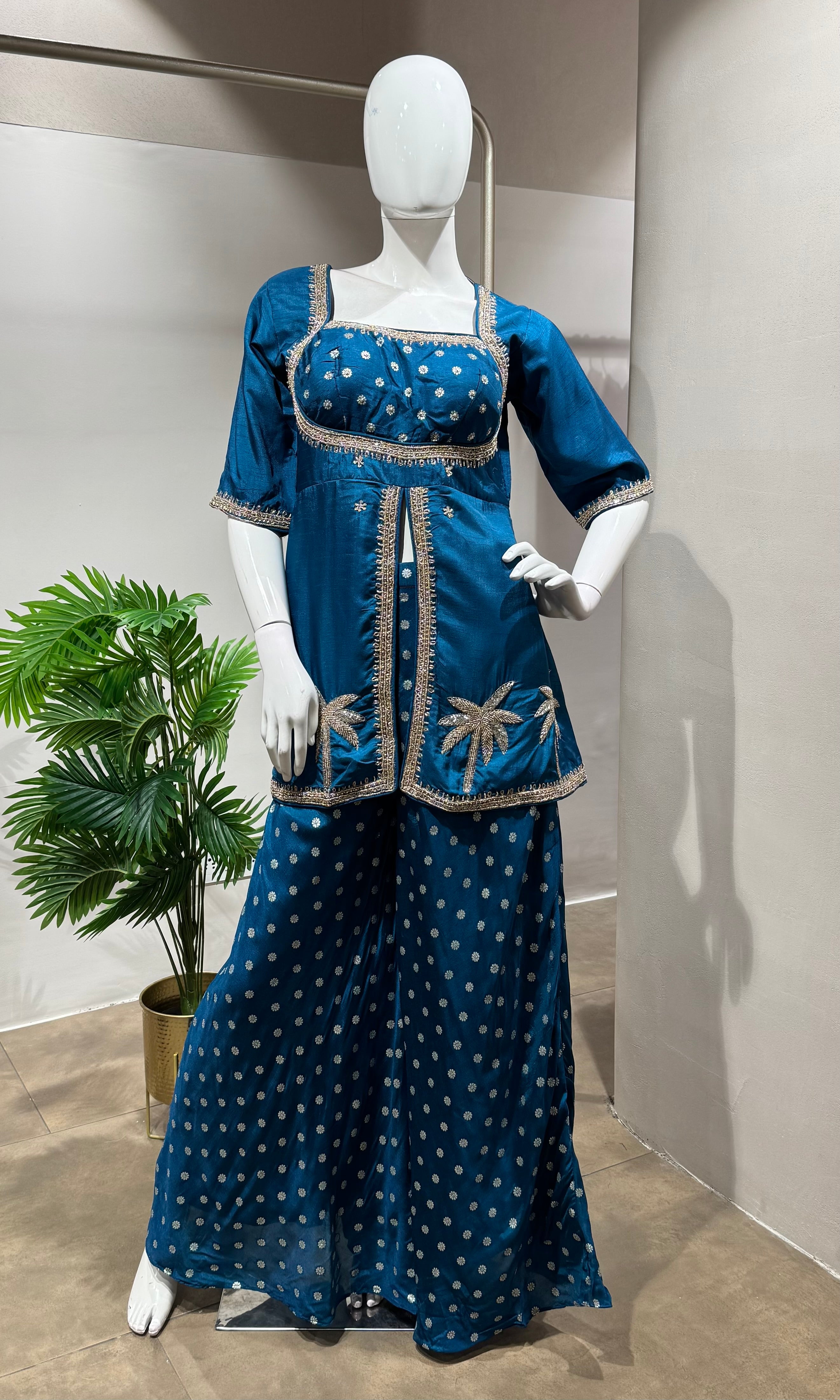 BLUE PEPLUM FRONT SLIT PALAZZO SET