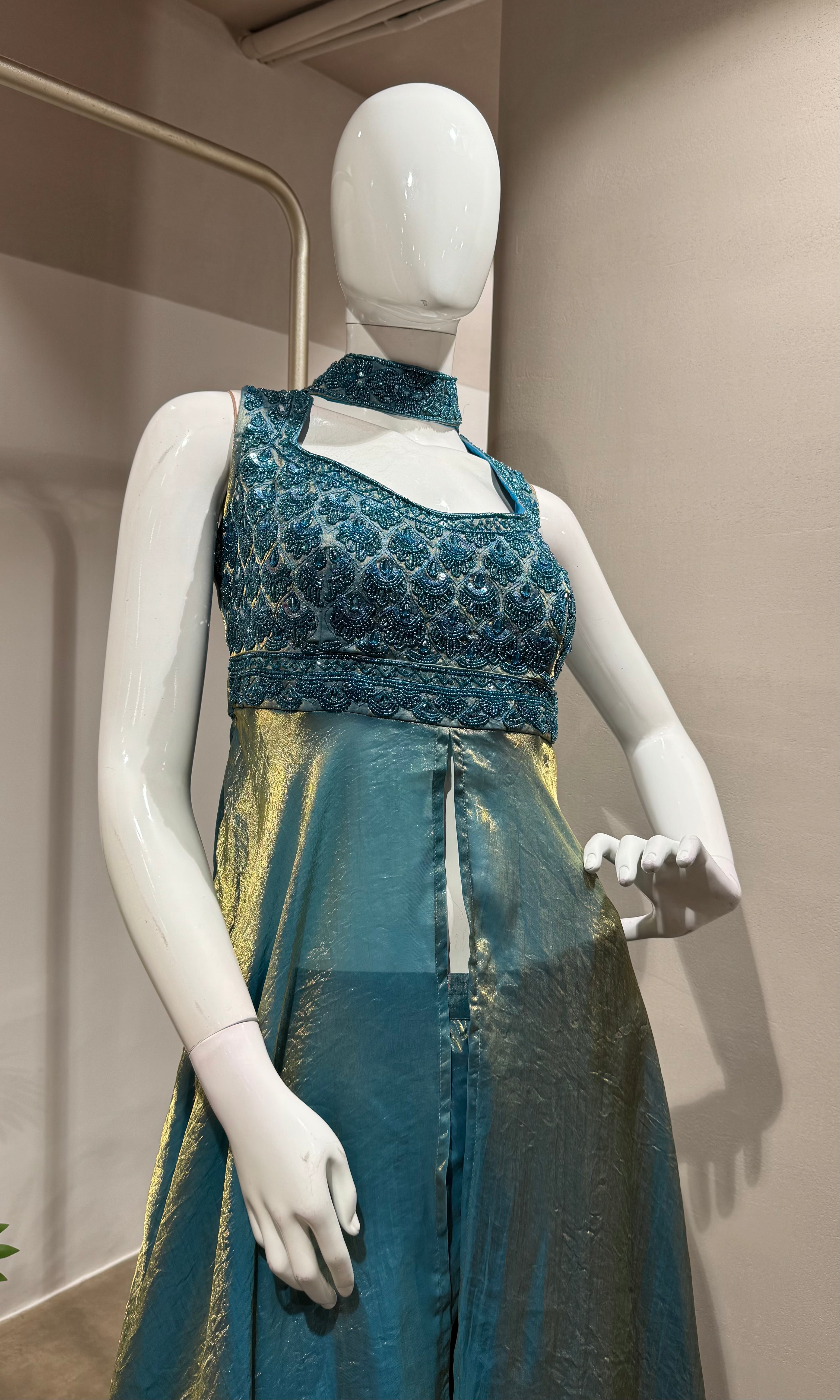 BLUE FRONT SLIT ANARKALI SET WITH PALAZZO PANTS