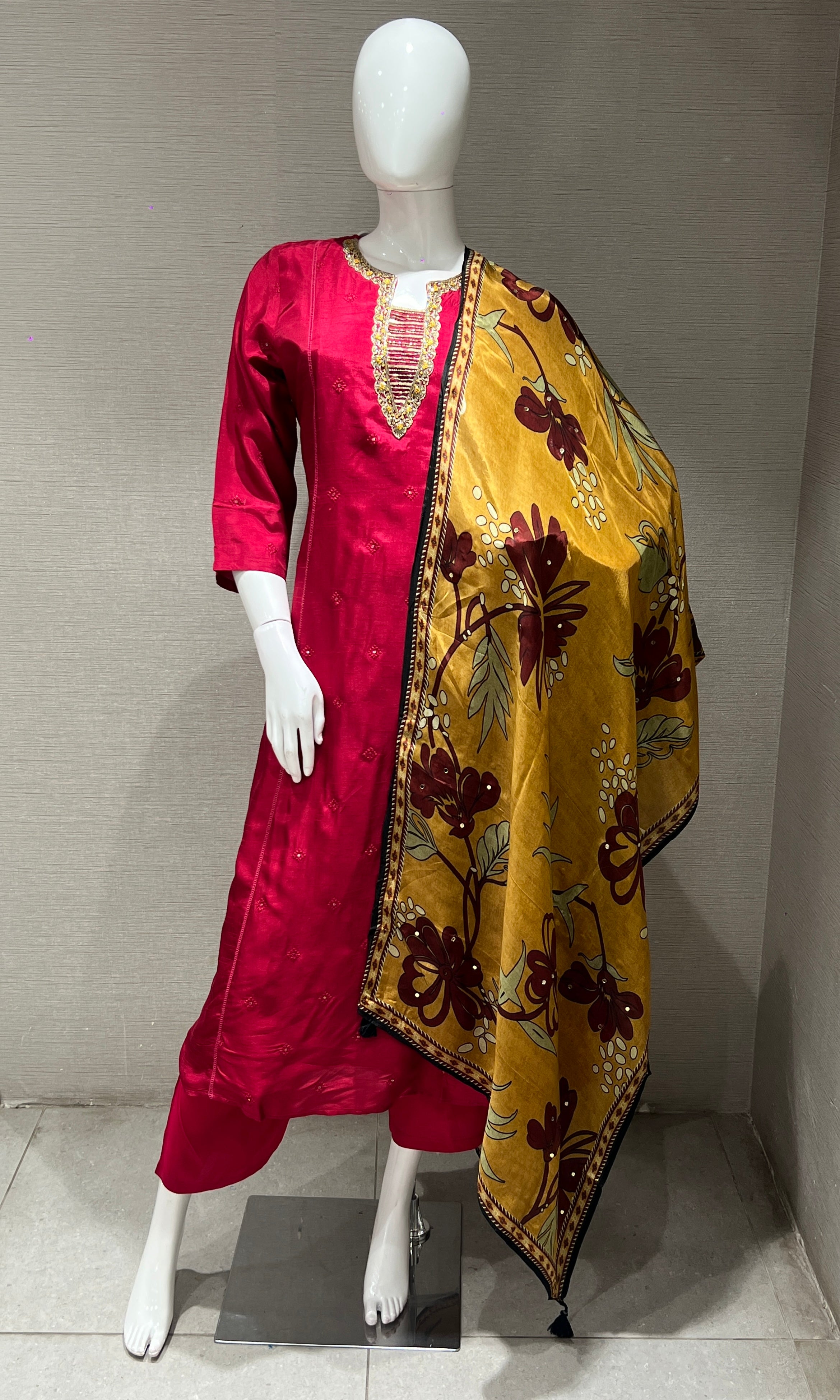 MAROON kurta set with yellow floral dupatta