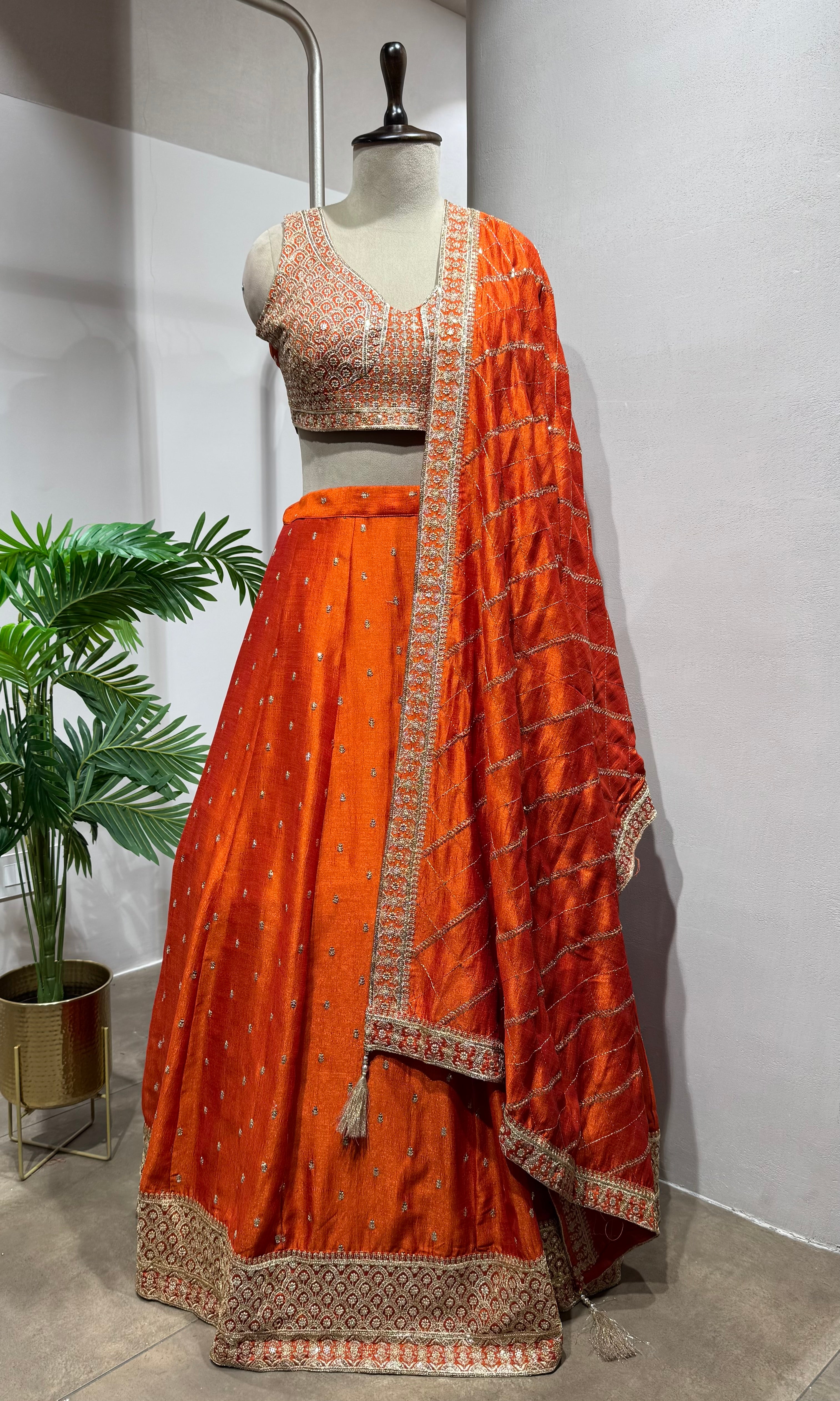 orange embroidered silk lehenga choli set