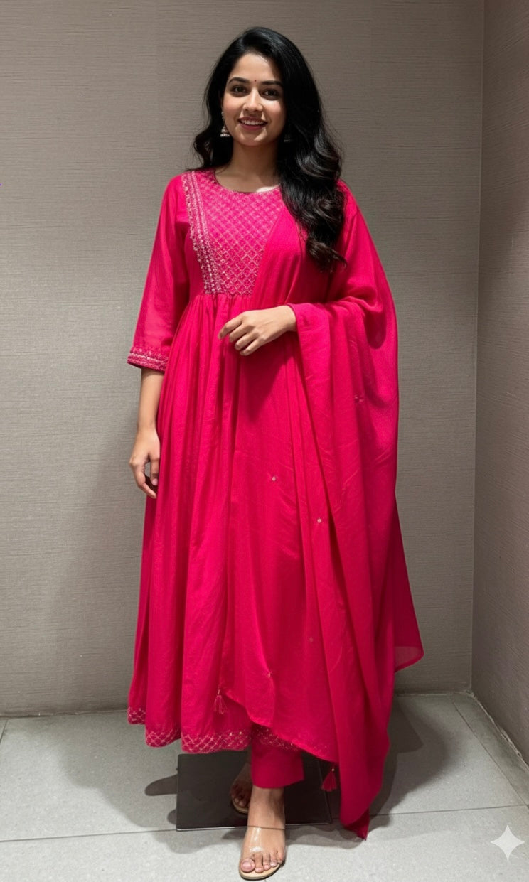 Pink EMBROIDERED MUL CHANDERI kurta set