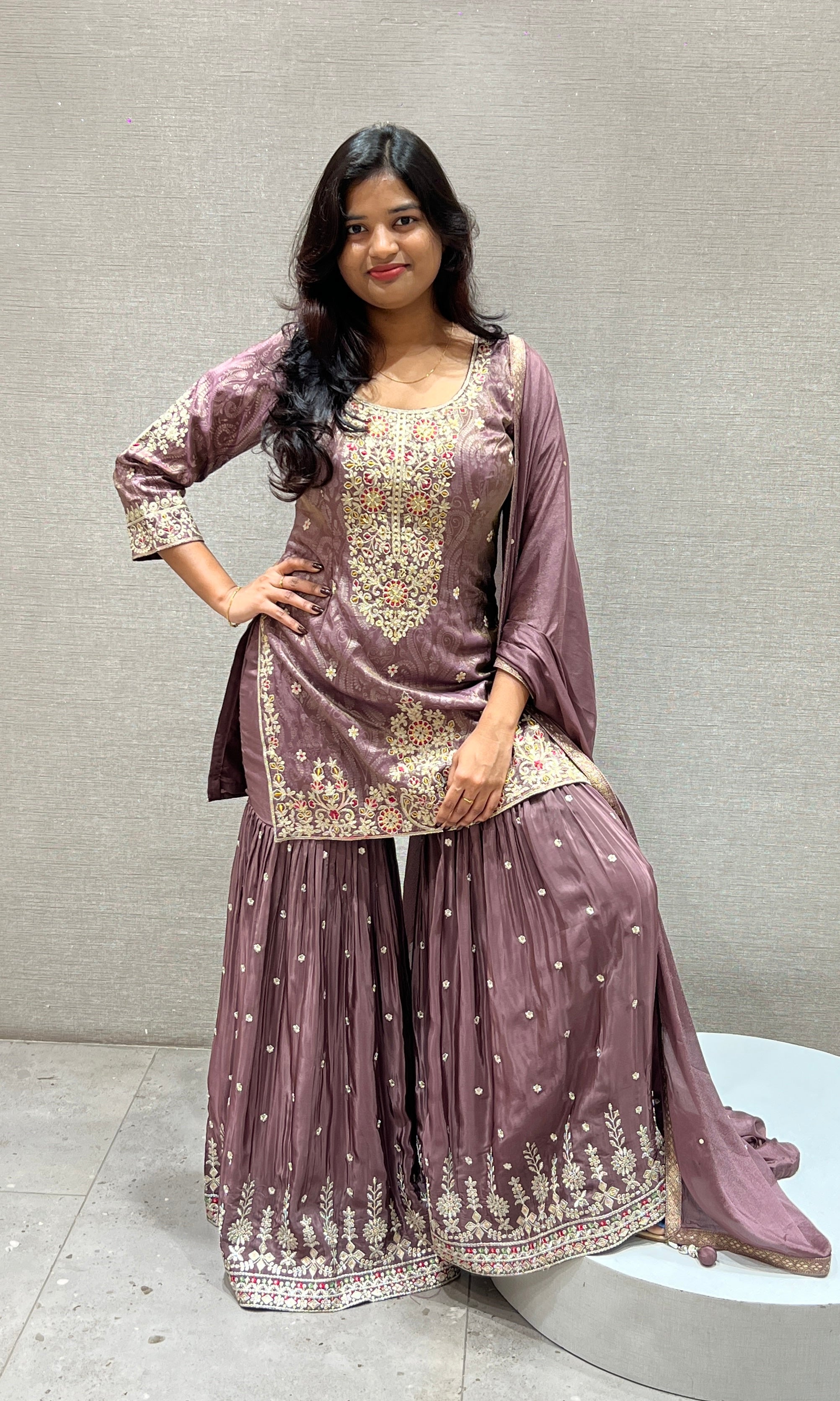 Purple Sharara Set with Golden Embroidery