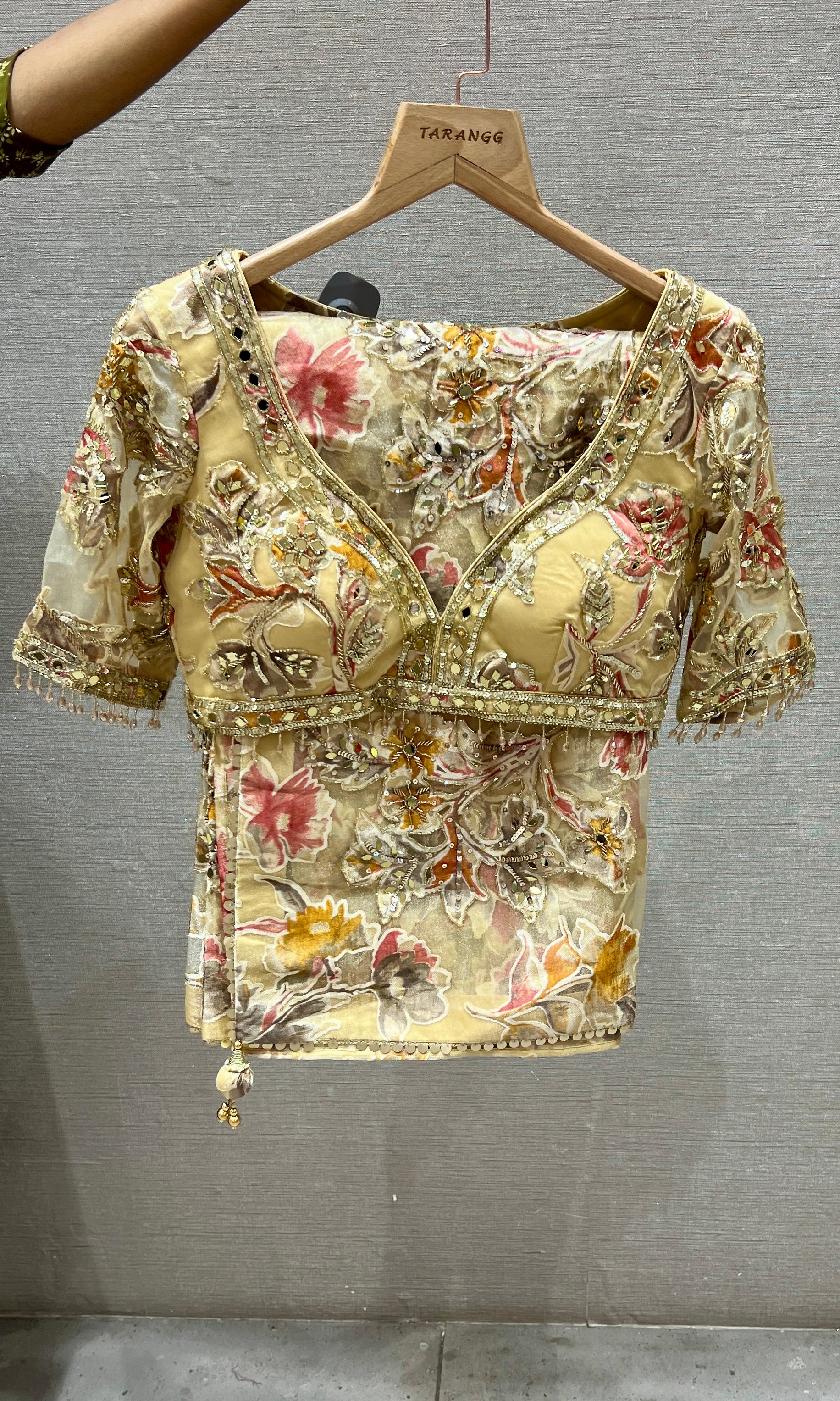 Cream Floral Embroidered Saree with Embellished ready Blouse