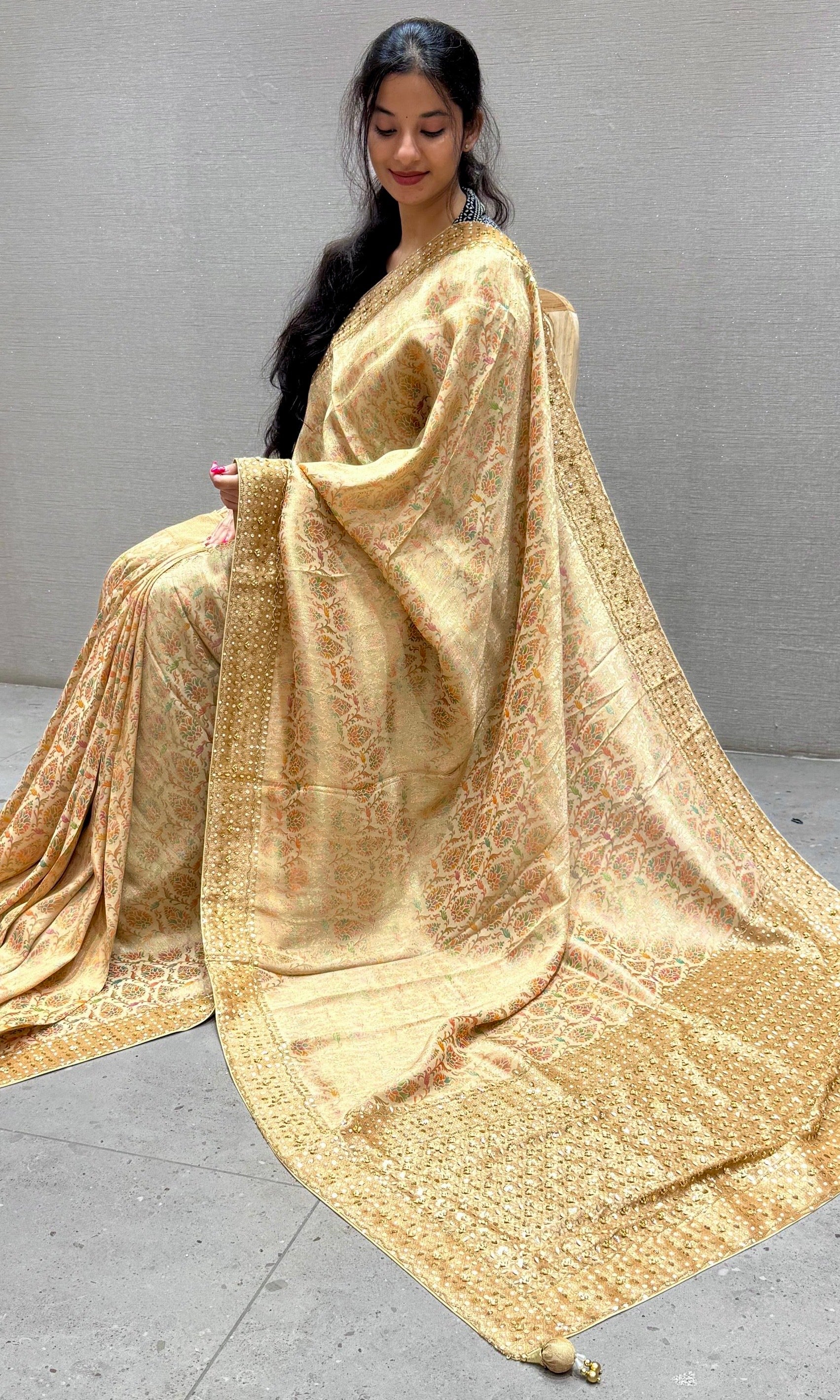 Golden Peach Banarasi saree with ready blouse