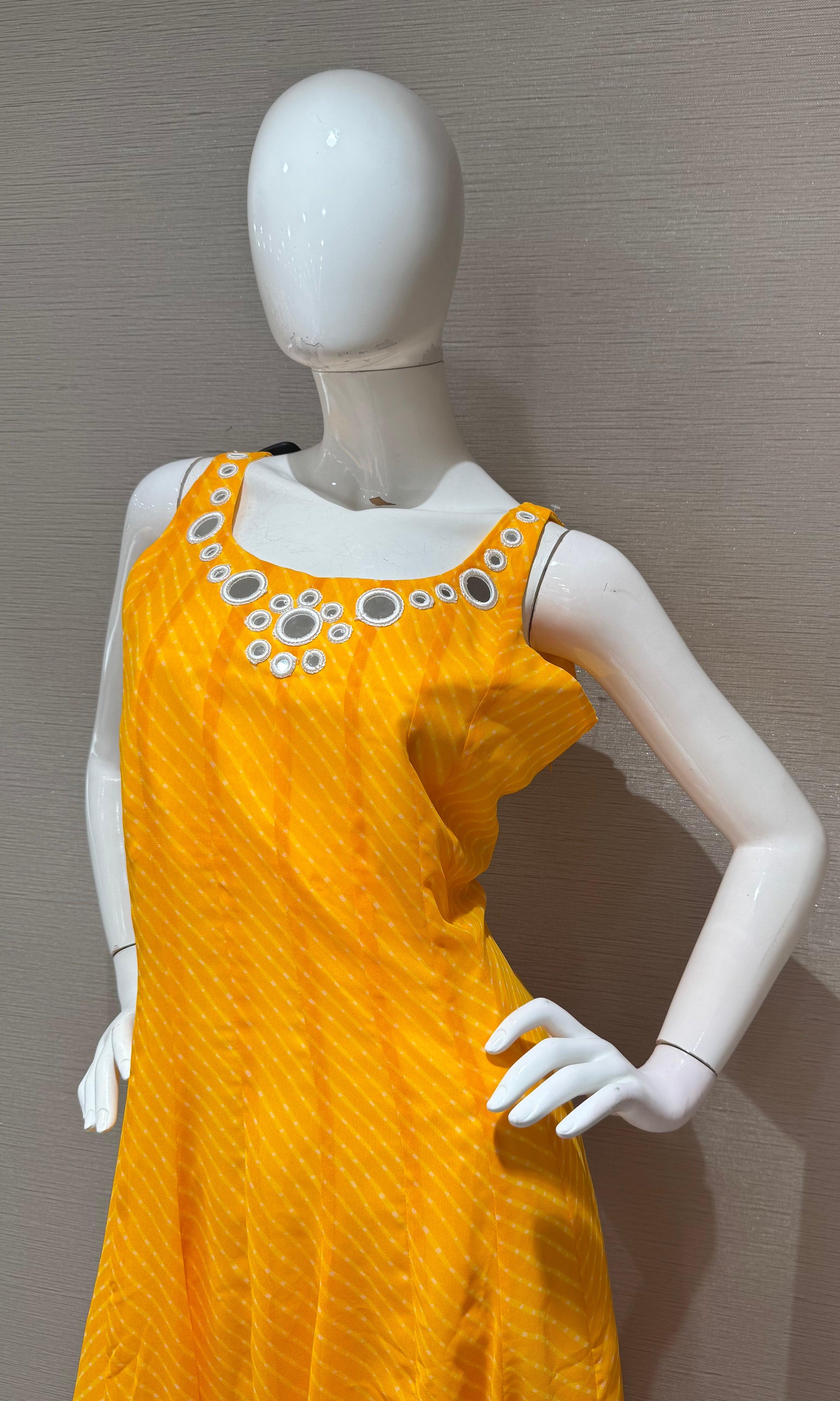 yellow bandhani print and intricate mirror anarkali set