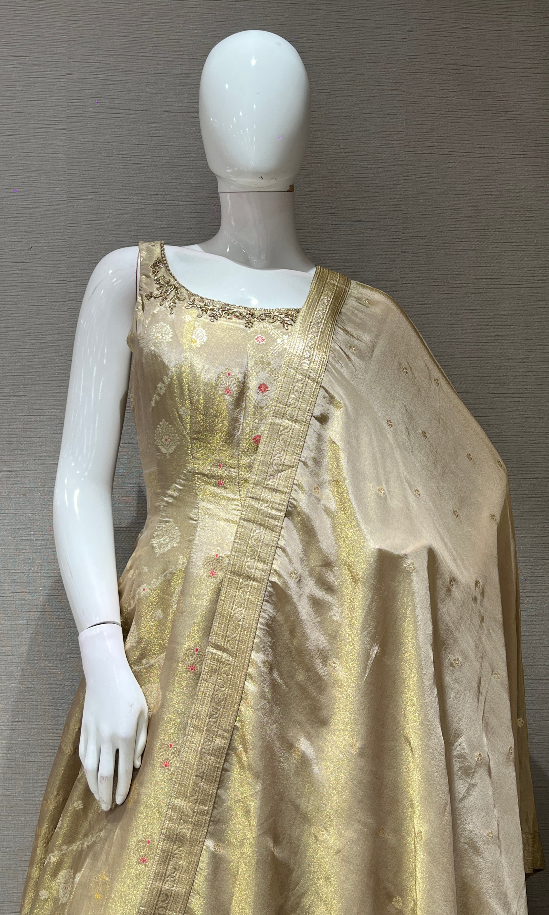 Beige Golden Anarkali Gown with Dupatta