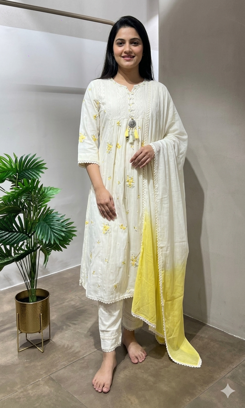 CREAM FLORAL MOTIF KURTA SET