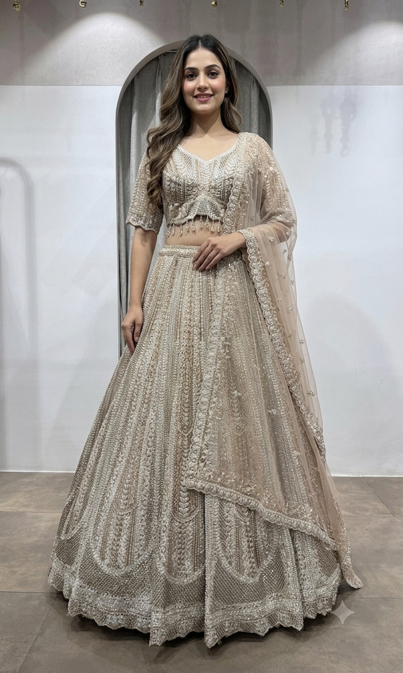 Biege Gold Heavy Embroidered Designer Lehenga Set