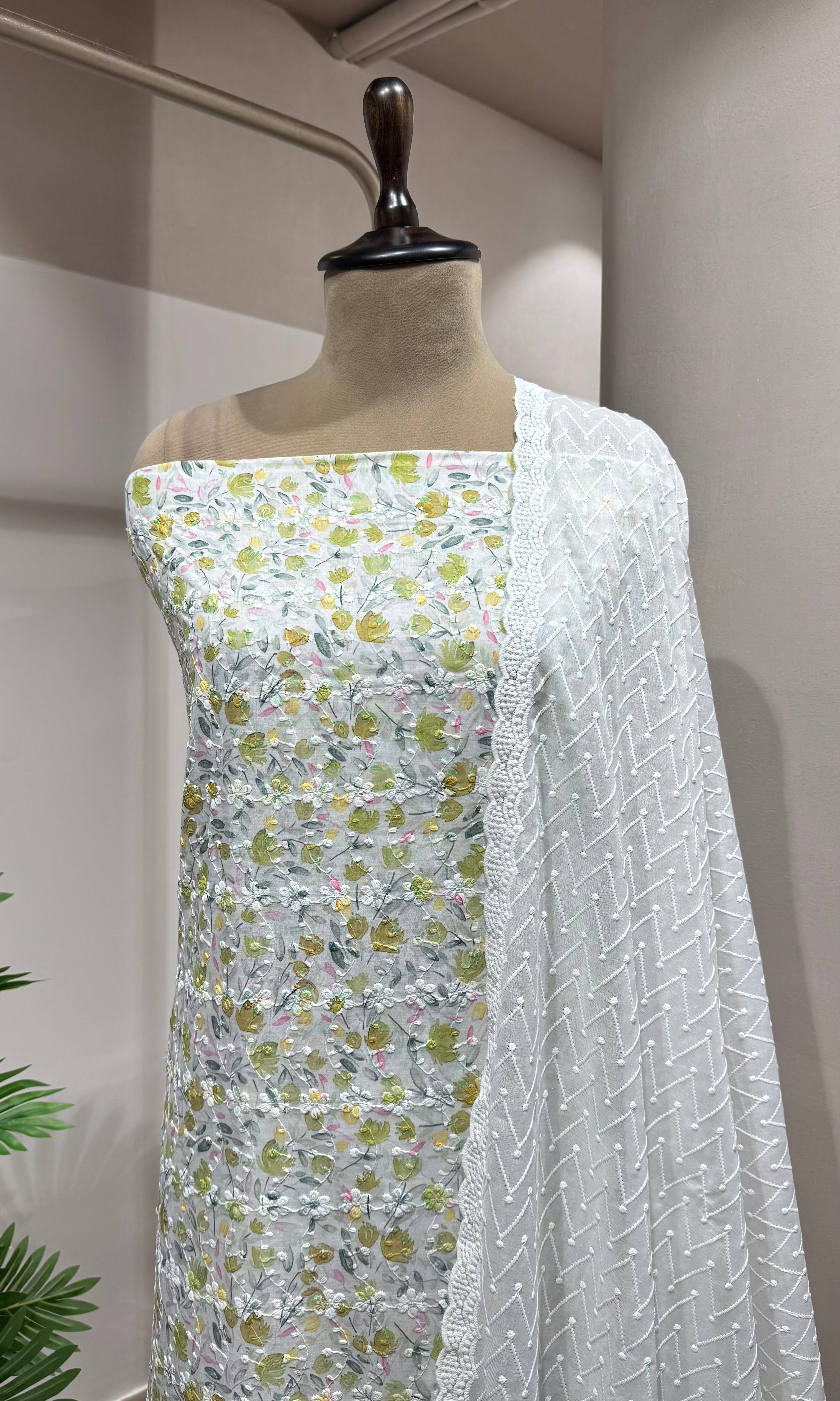Green Floral Chikankari Dress Material