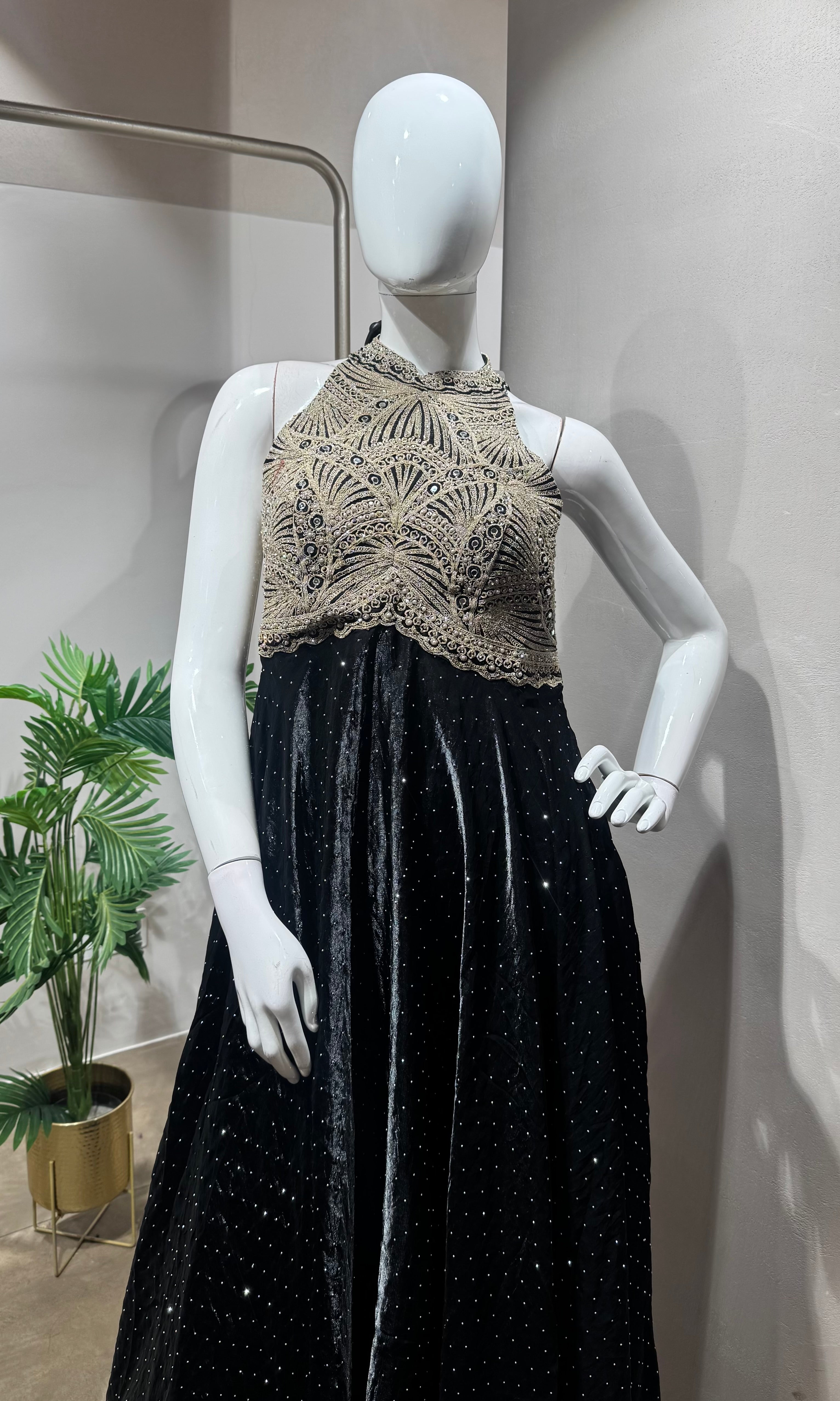 BLACK HALTER GOLDEN EMBROIDERED ANARKALI SET
