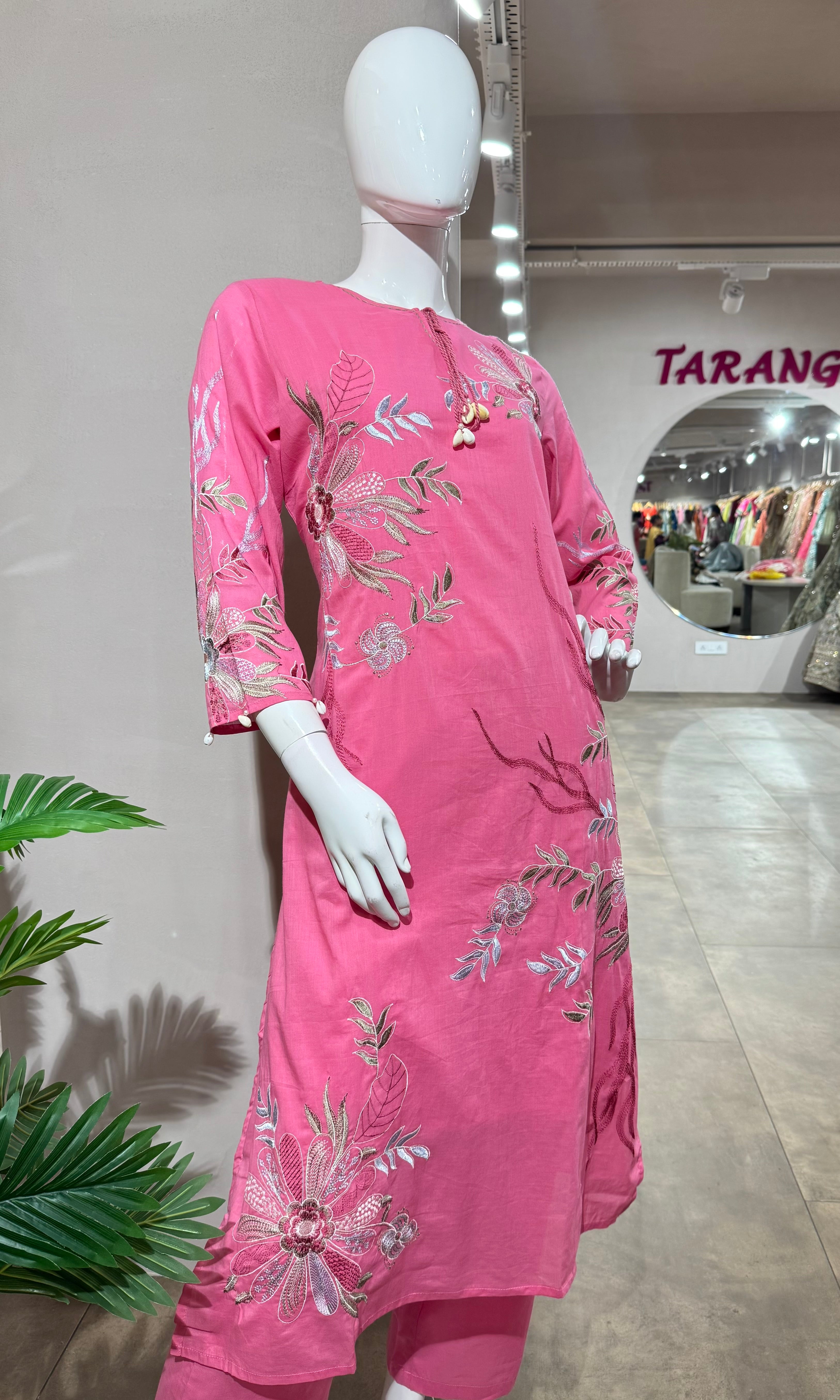 PINK FLORAL EMBROIDERED KURTA SET