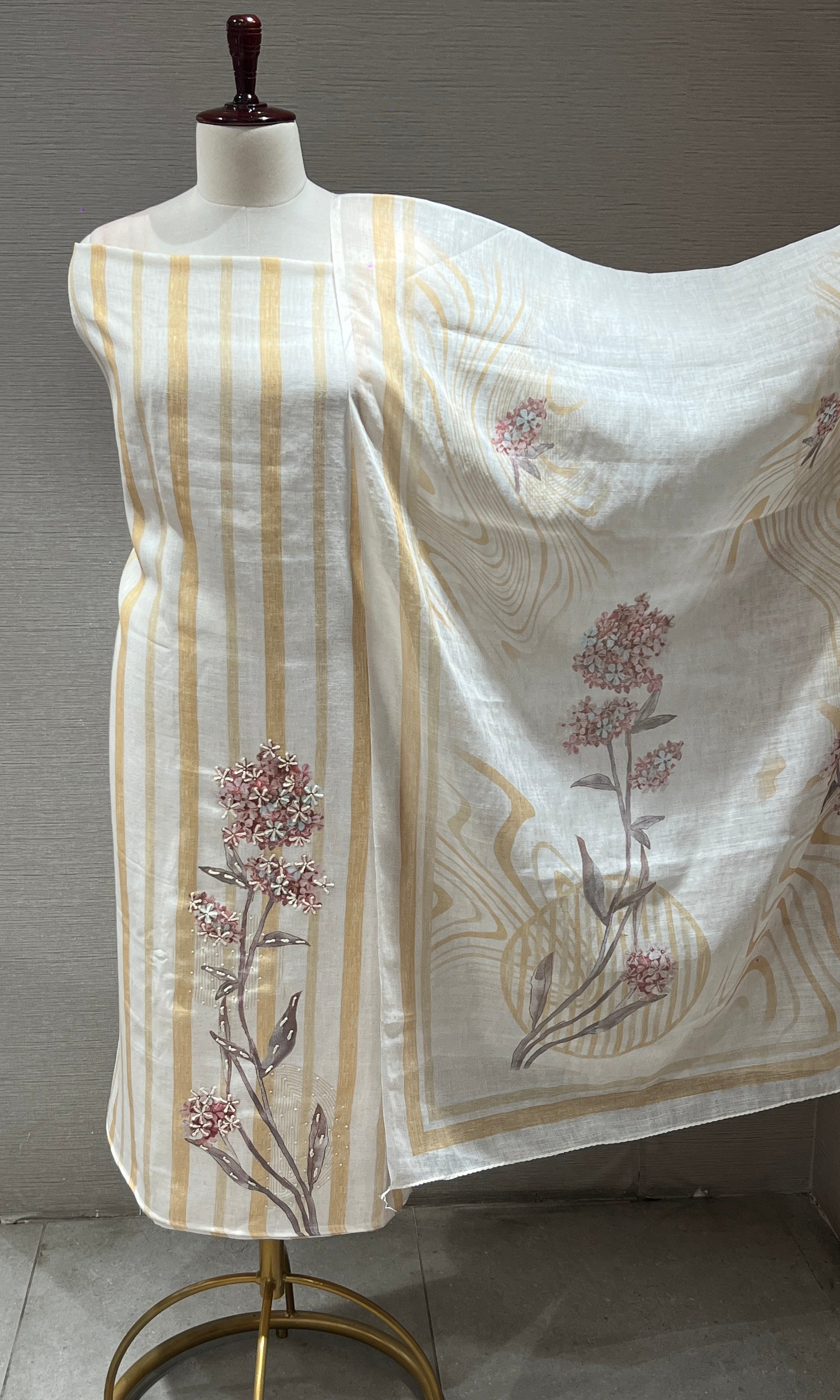 light yellow Striped Floral dress material