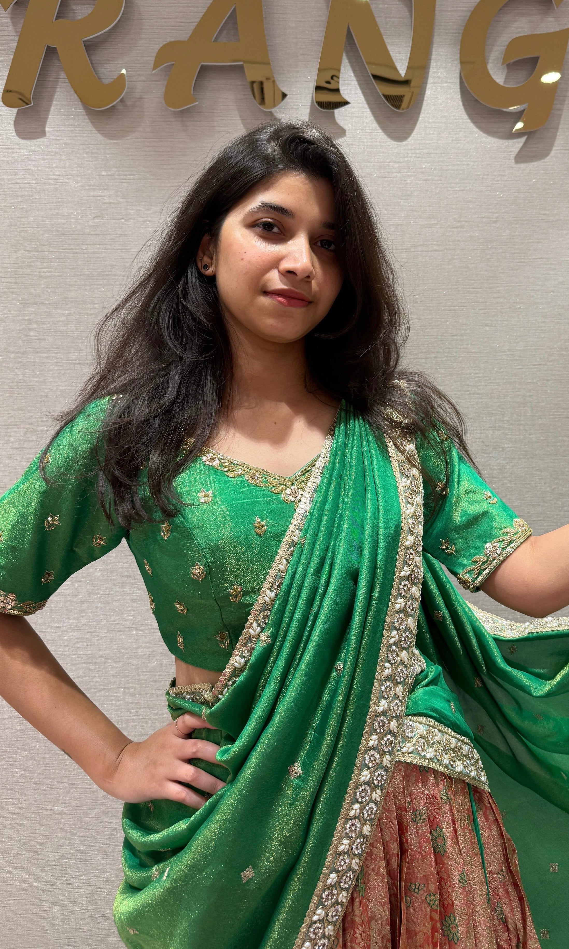 Green orange silk pattu Lehenga
