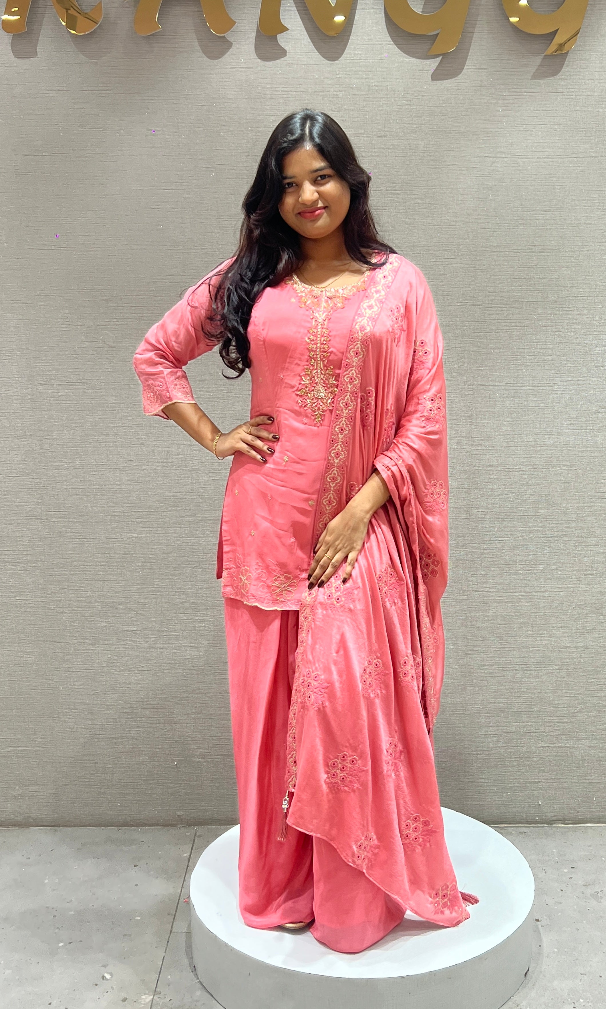 Peach Pink Embroidered Palazoo Set