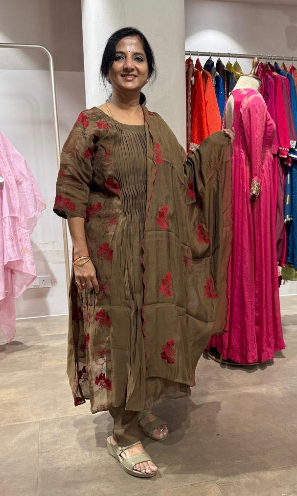 Brown Embroidered Mul Cotton Kurta Set
