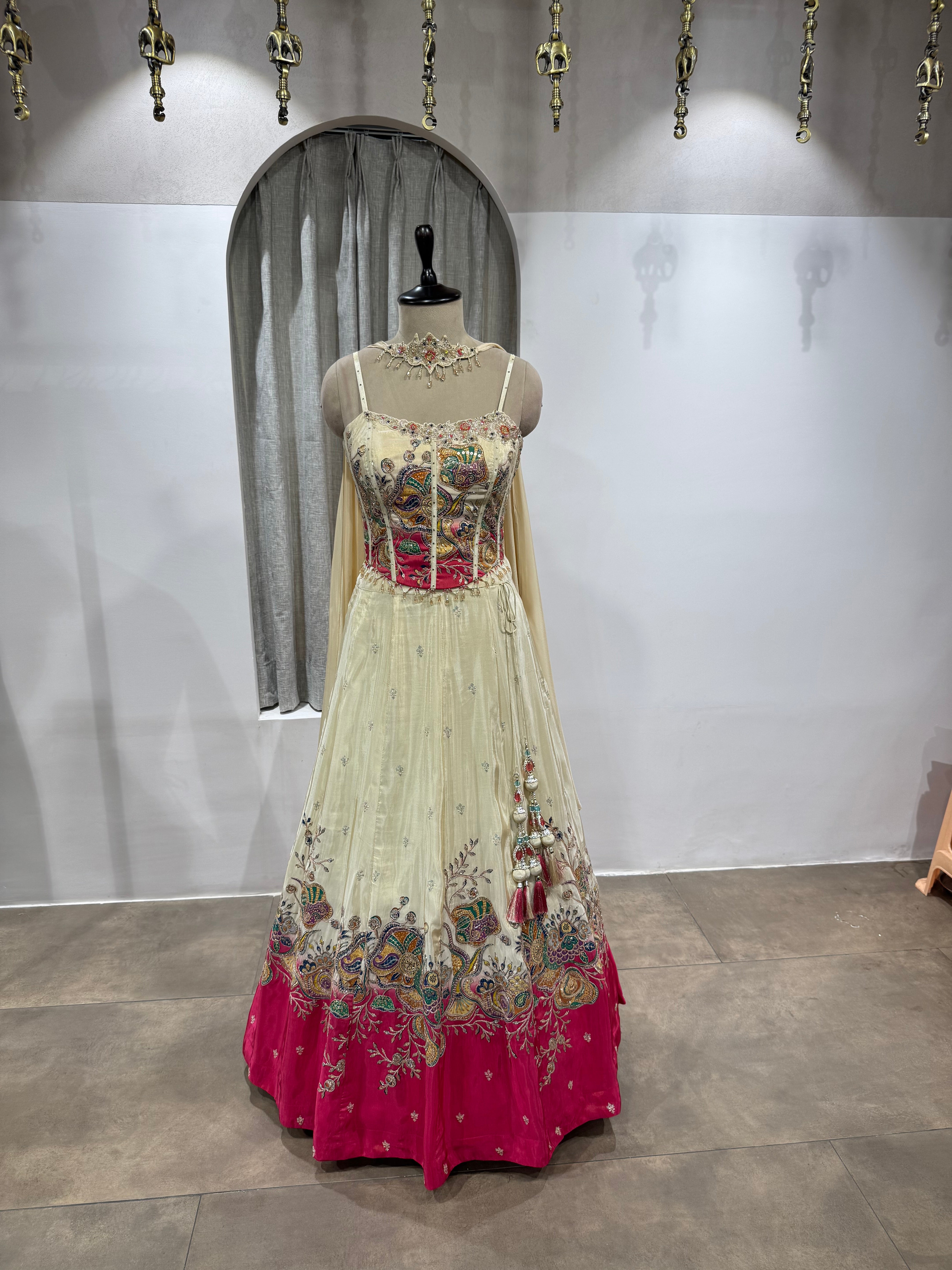 White and Pink corset Floral Multicolored Lehenga