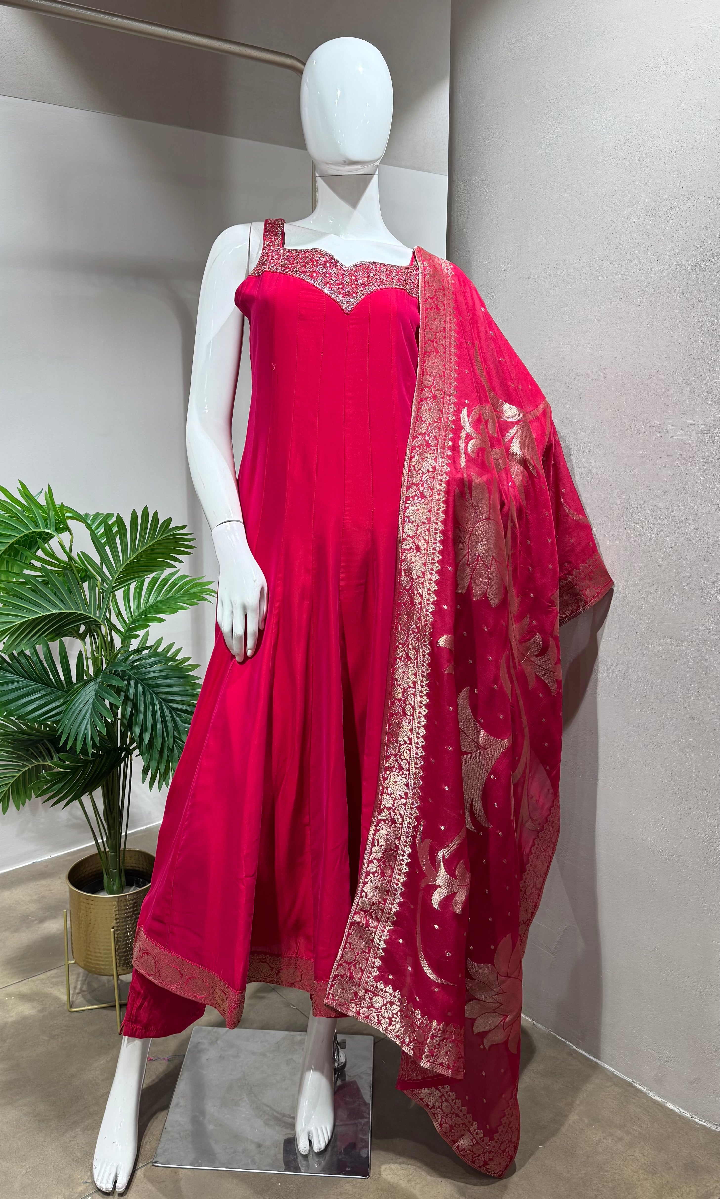 Rani Pink Anarkali SET with Zari Dupatta