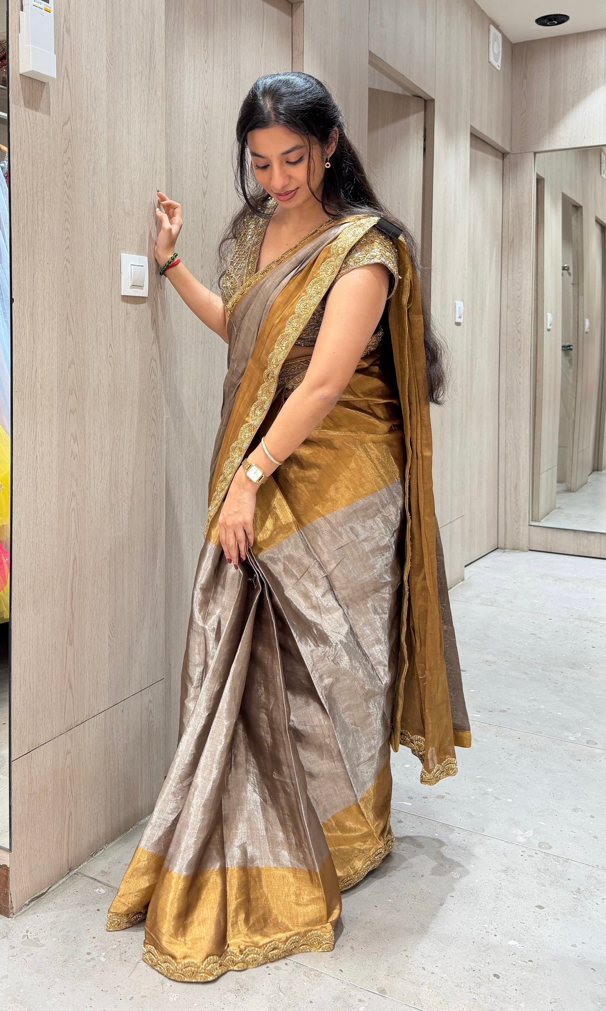Grey AND GOLD saree WITH EMBROIDERED BLOUSE