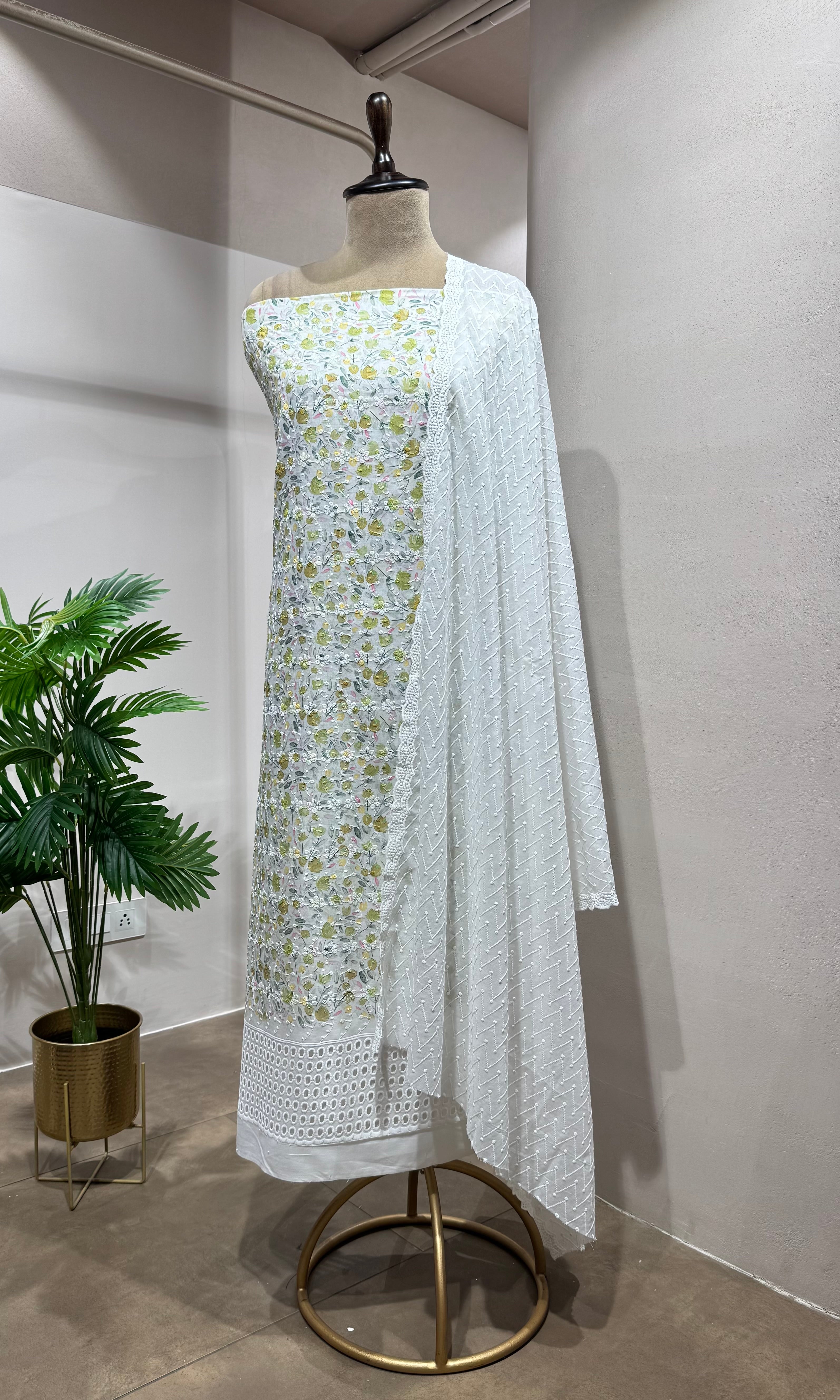 Green Floral Chikankari Dress Material