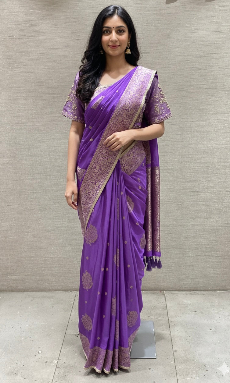 Lavender banarasi saree with ready blouse