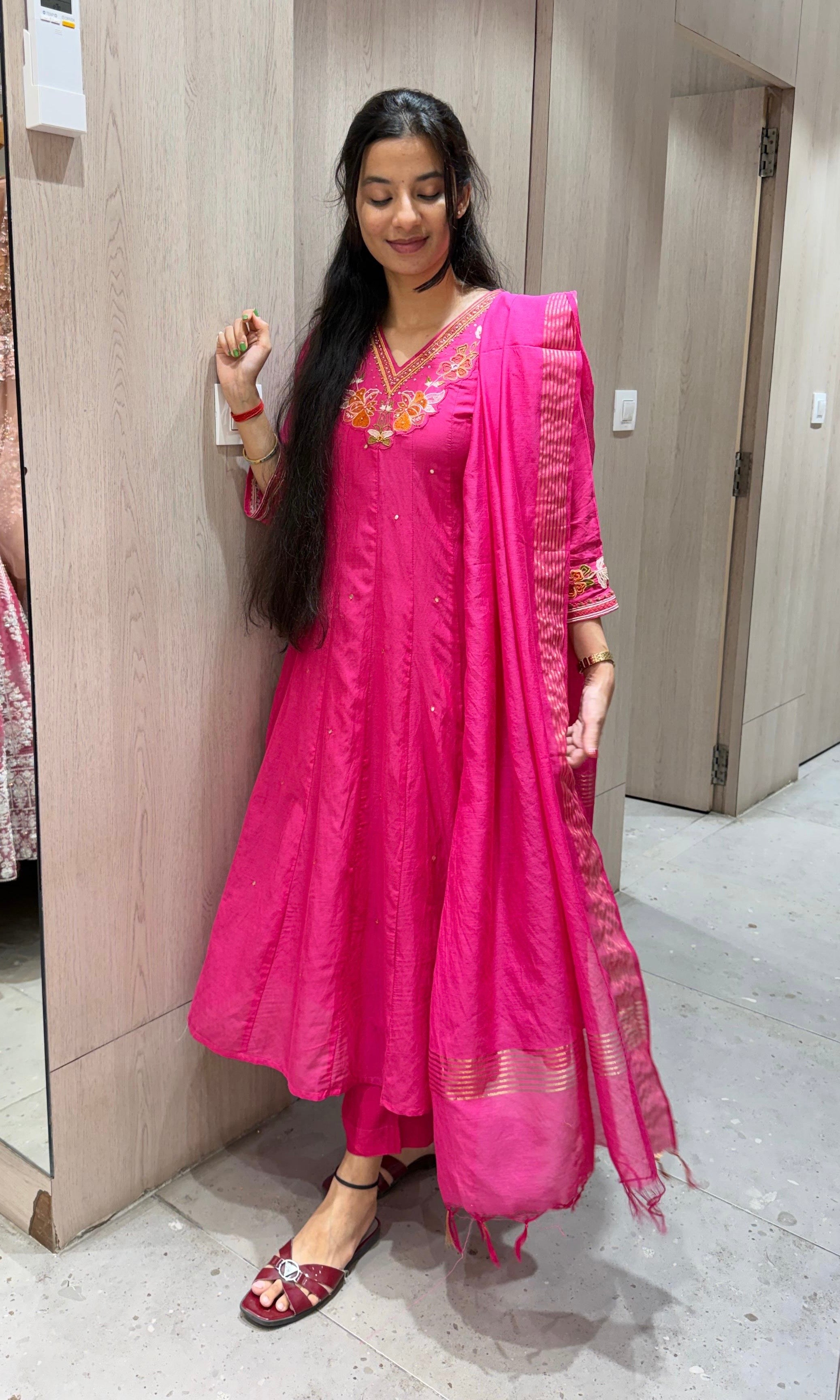 Pink FLORAL NECK LINE EMBROIDERED ANARKALI