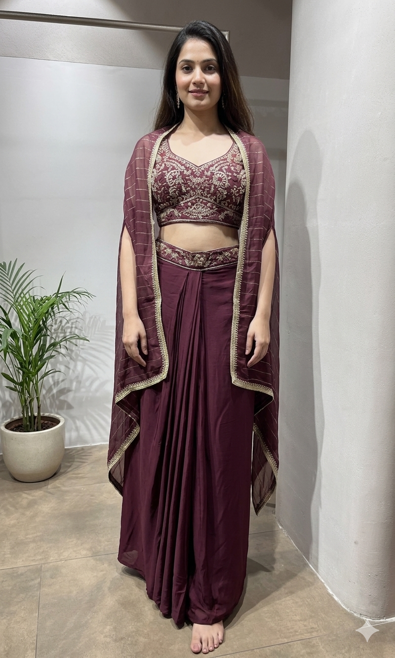 WINE SILK DRAPE SKIRT WITH CAPE & CROP TOP