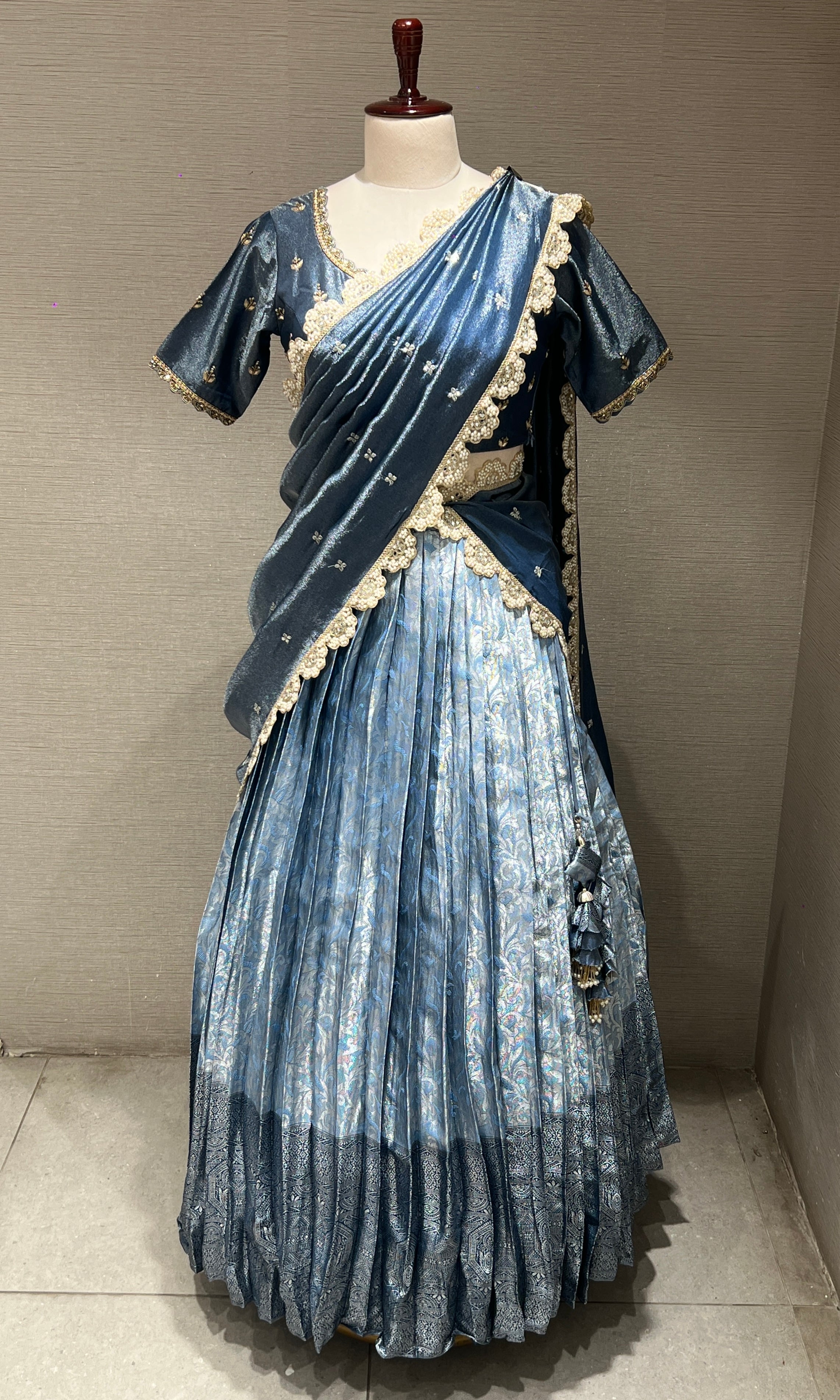 GREY BANARASI Lehenga with Ivory Lace Work